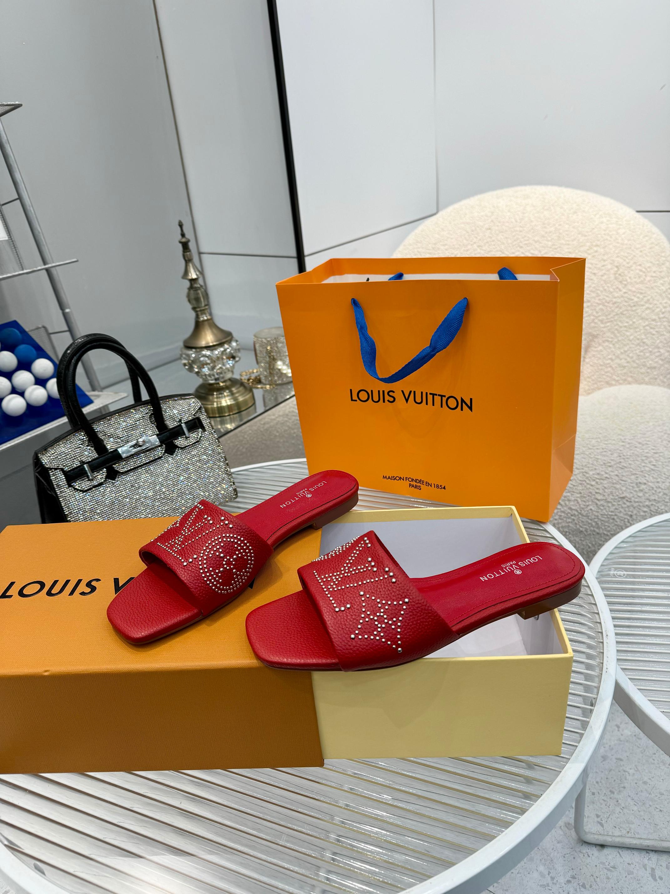 Louis Vuitton Red Leather Studded Starboard Flat Sandals 4 a1742621796937 0845