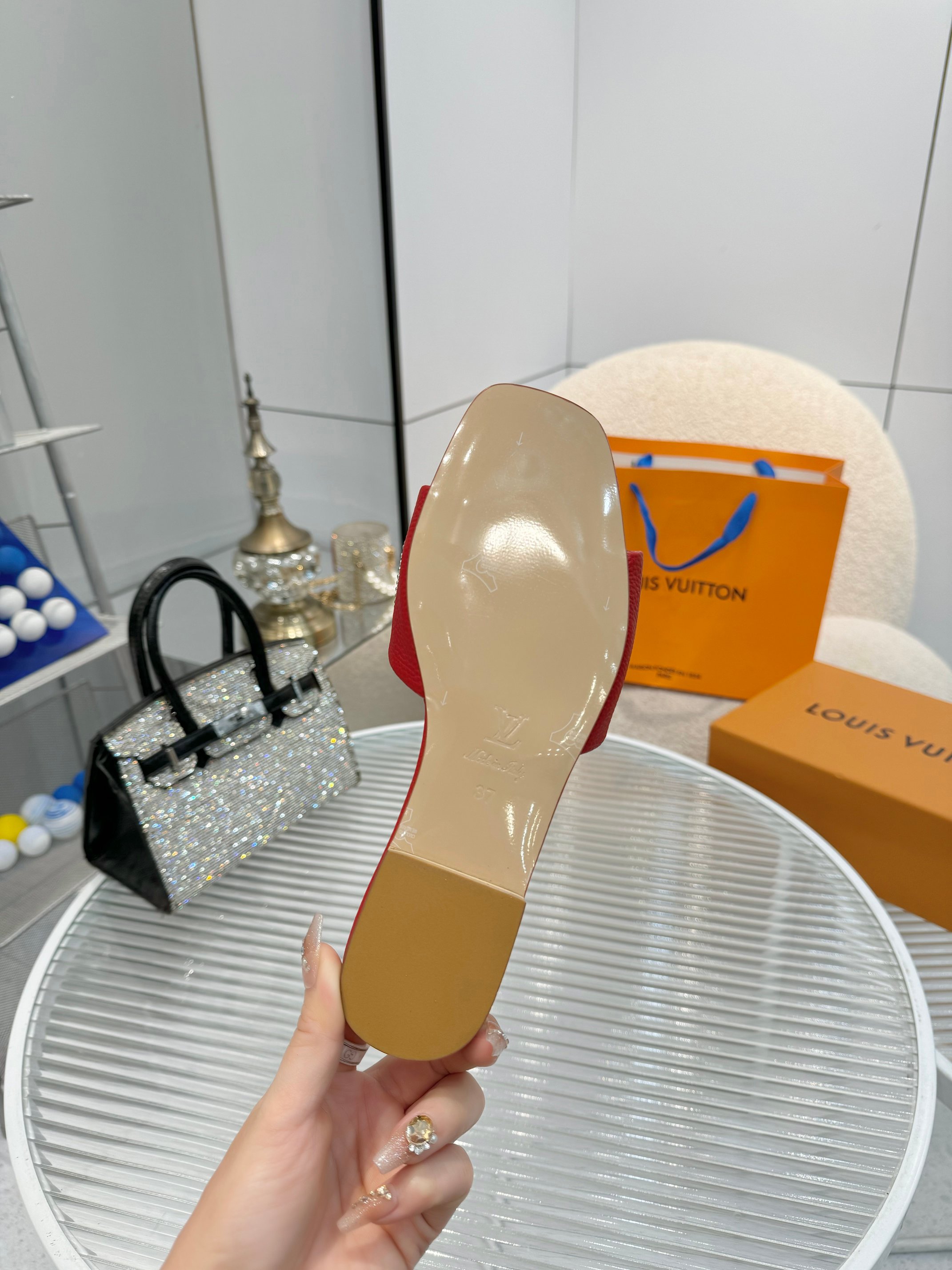 Louis Vuitton Red Leather Studded Starboard Flat Sandals 9 a1742621799075 7347