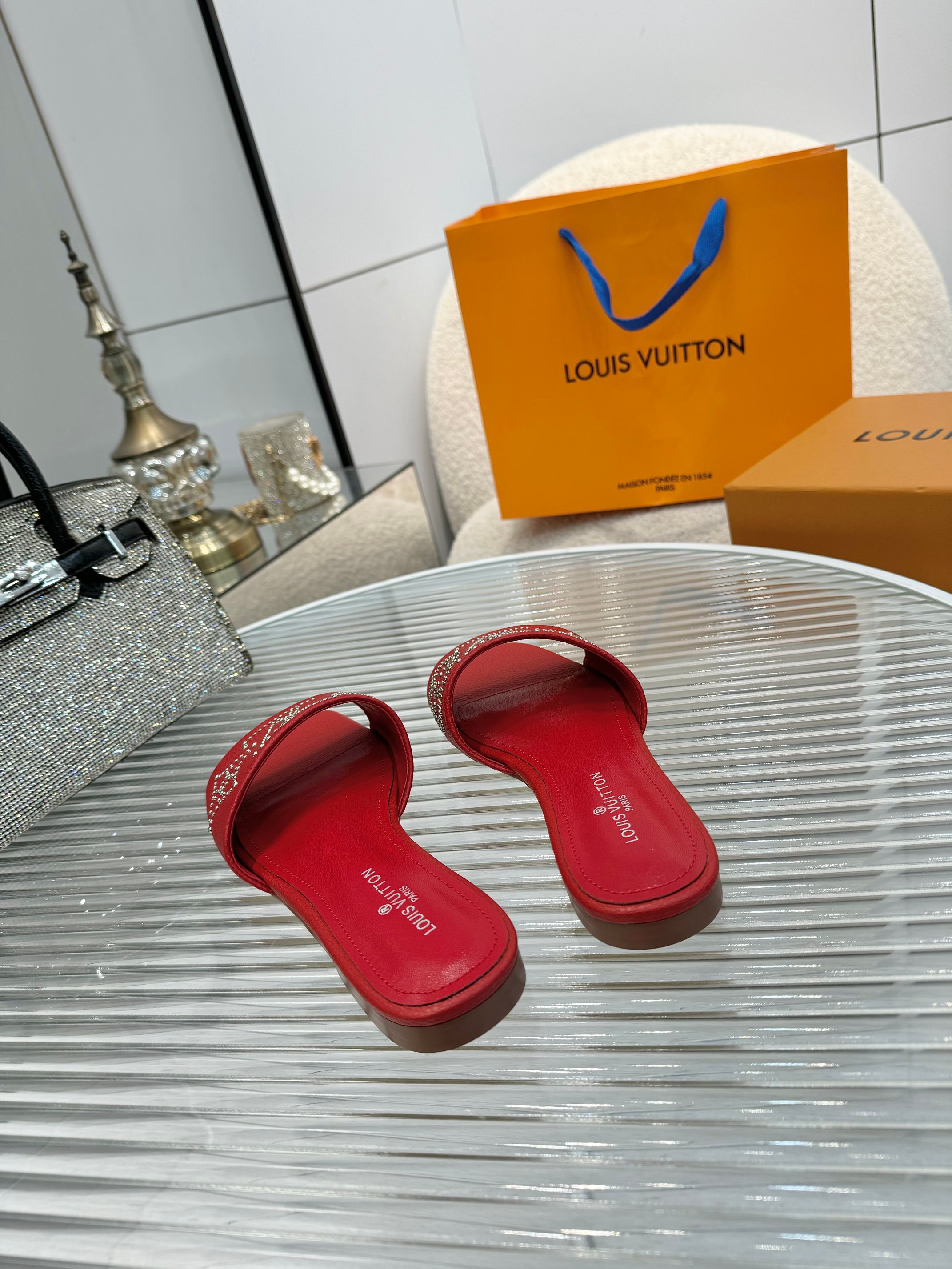 Louis Vuitton Red Leather Studded Starboard Flat Sandals 7 a1742621799260 7457