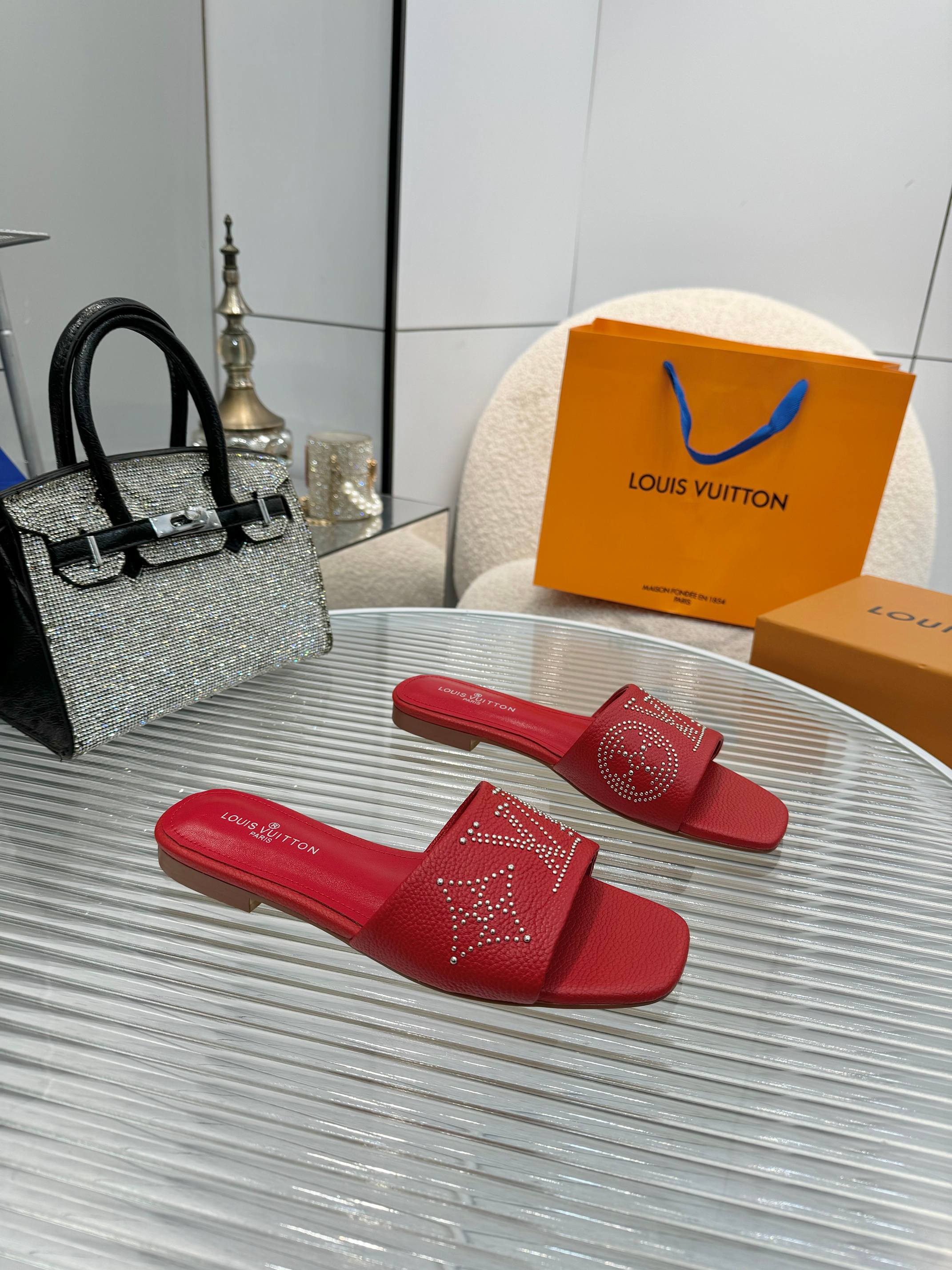 Louis Vuitton Red Leather Studded Starboard Flat Sandals 2 a1742621799339 8171