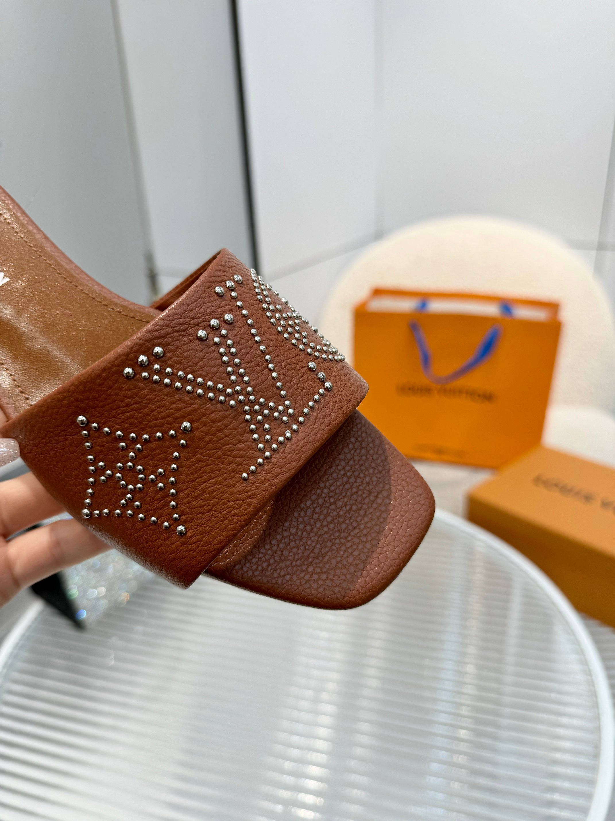 Louis Vuitton Brown Leather Studded LV Logo Sandals Slides Size 35-40 5 a1742621852699 6121