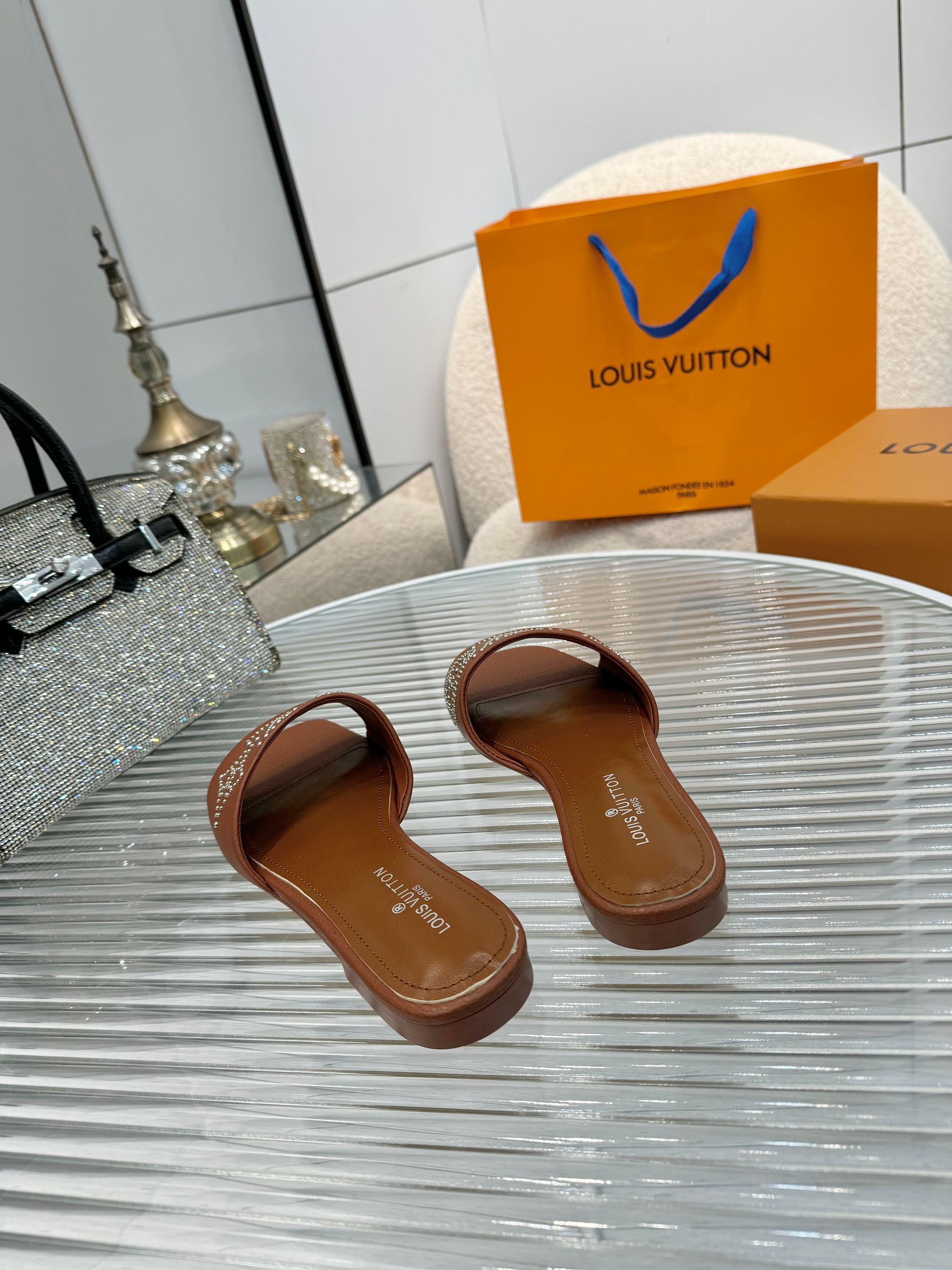 Louis Vuitton Brown Leather Studded LV Logo Sandals Slides Size 35-40 6 a1742621853243 5567