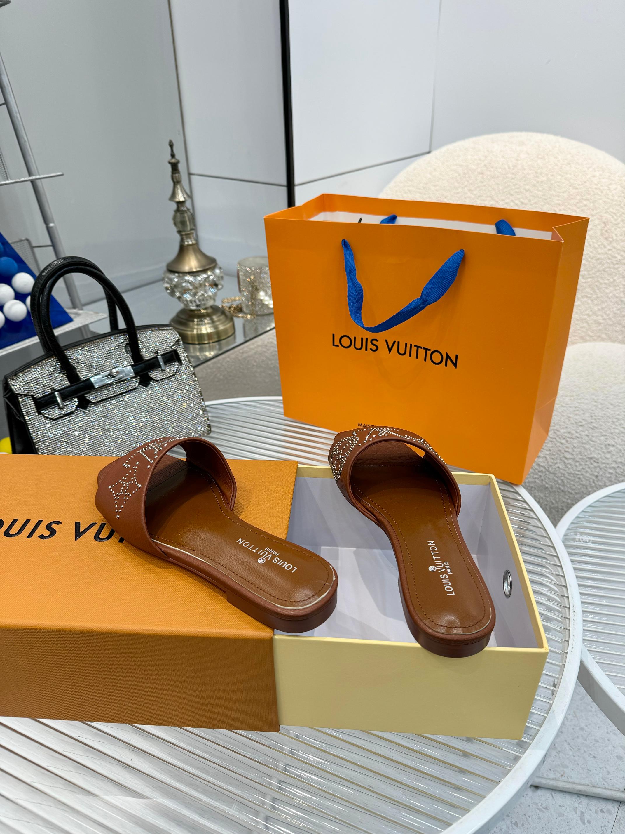 Louis Vuitton Brown Leather Studded LV Logo Sandals Slides Size 35-40 4 a1742621853250 2621
