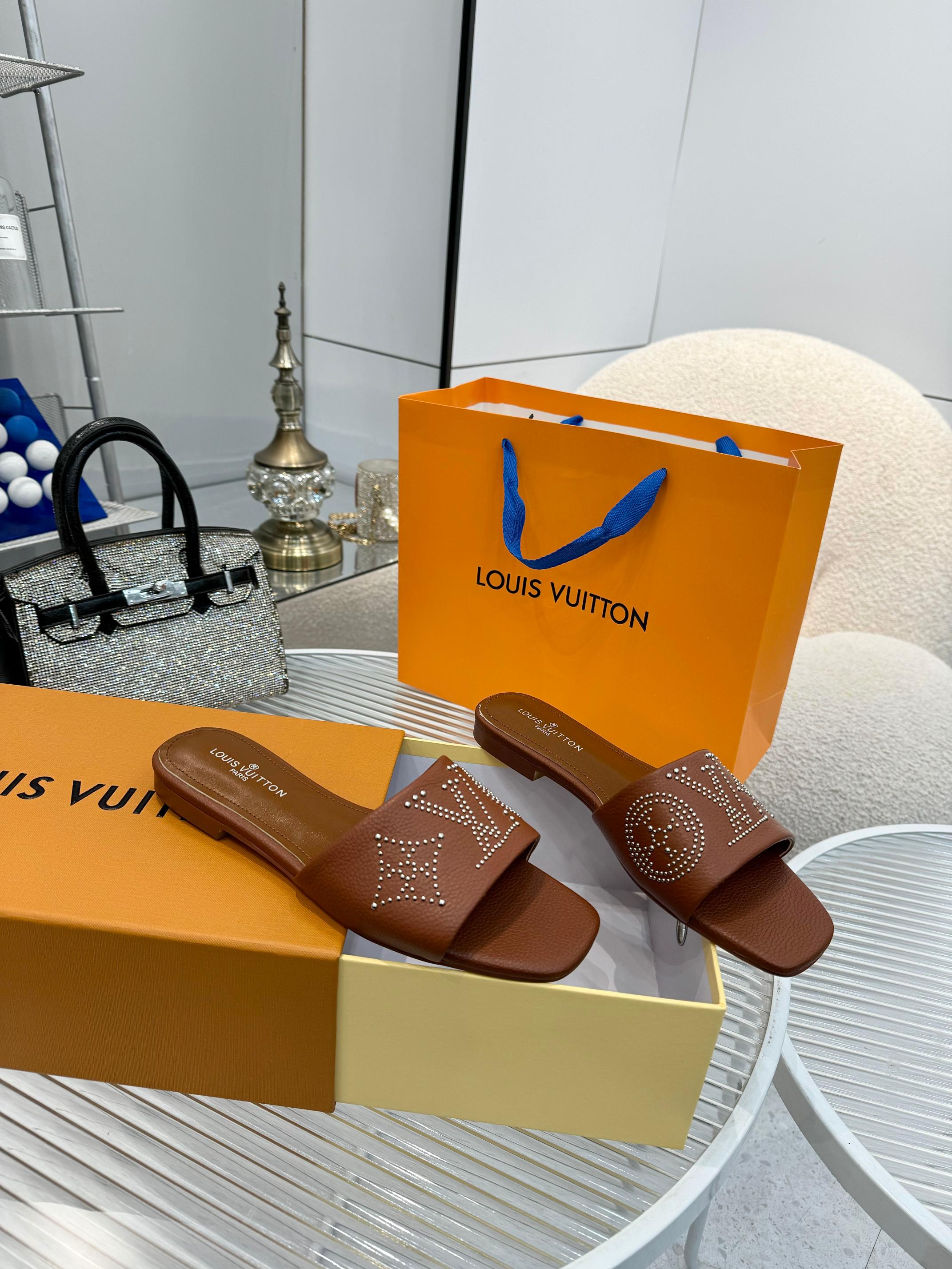 Louis Vuitton Brown Leather Studded LV Logo Sandals Slides Size 35-40 3 a1742621853338 2222