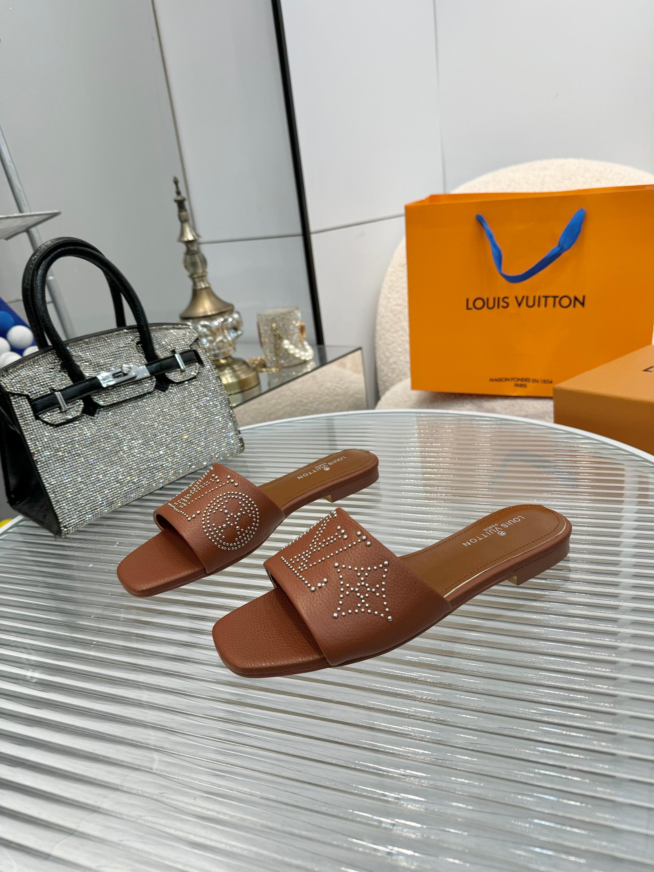Louis Vuitton Brown Leather Studded LV Logo Sandals Slides Size 35-40 7 a1742621854821 4808