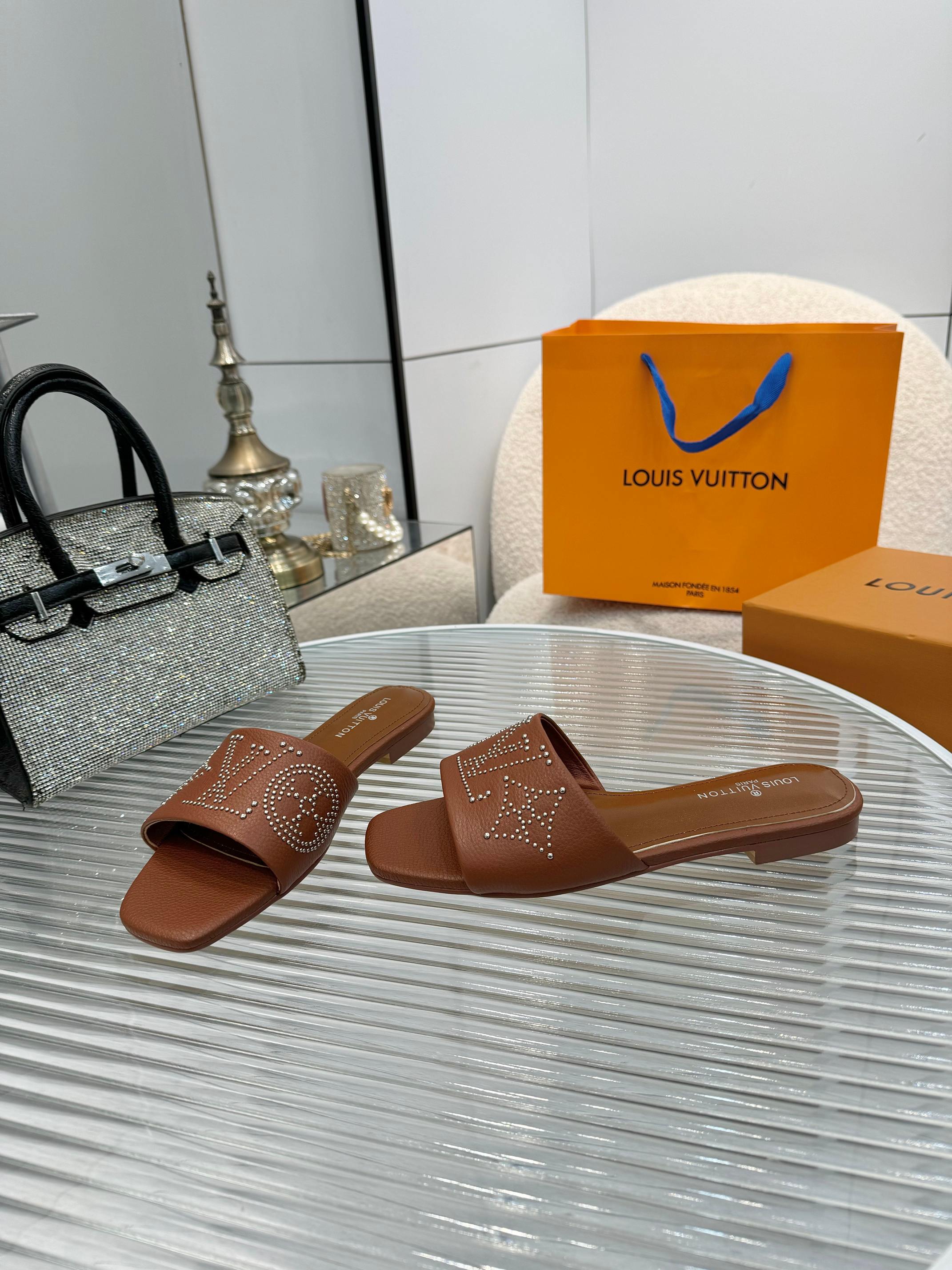 Louis Vuitton Brown Leather Studded LV Logo Sandals Slides Size 35-40 8 a1742621854863 6004