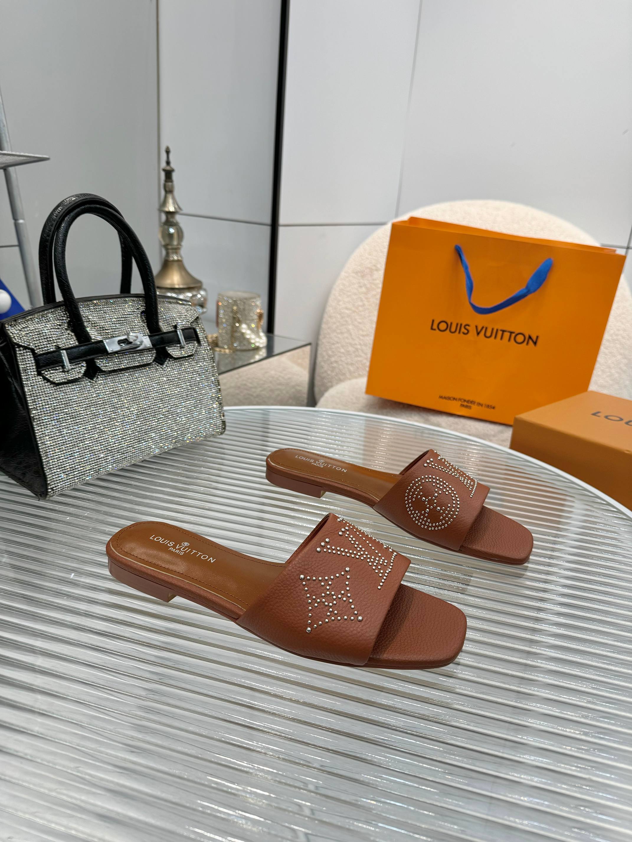 Louis Vuitton Brown Leather Studded LV Logo Sandals Slides Size 35-40 9 a1742621854941 2012