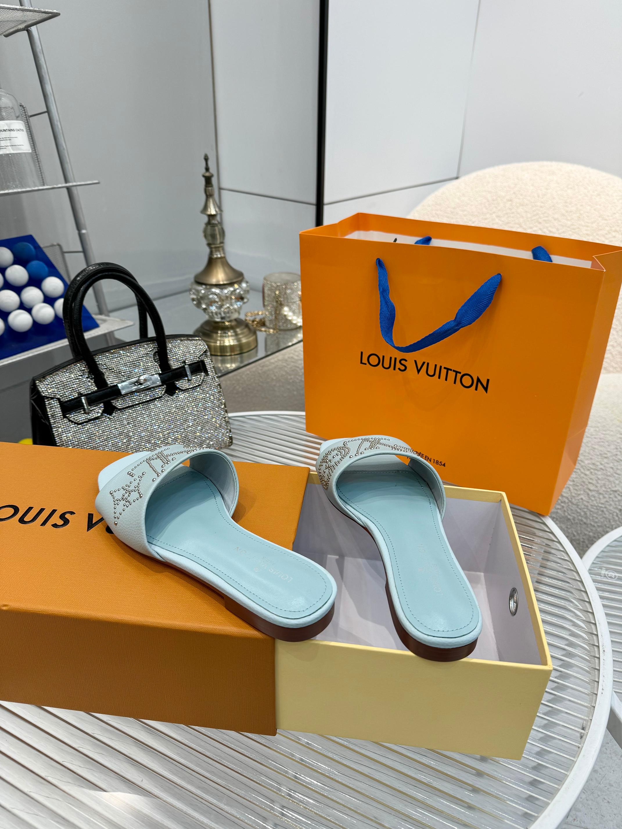 Louis Vuitton Women's Blue Leather Sandals Designer Summer Slides 6 a1742621992870 8843