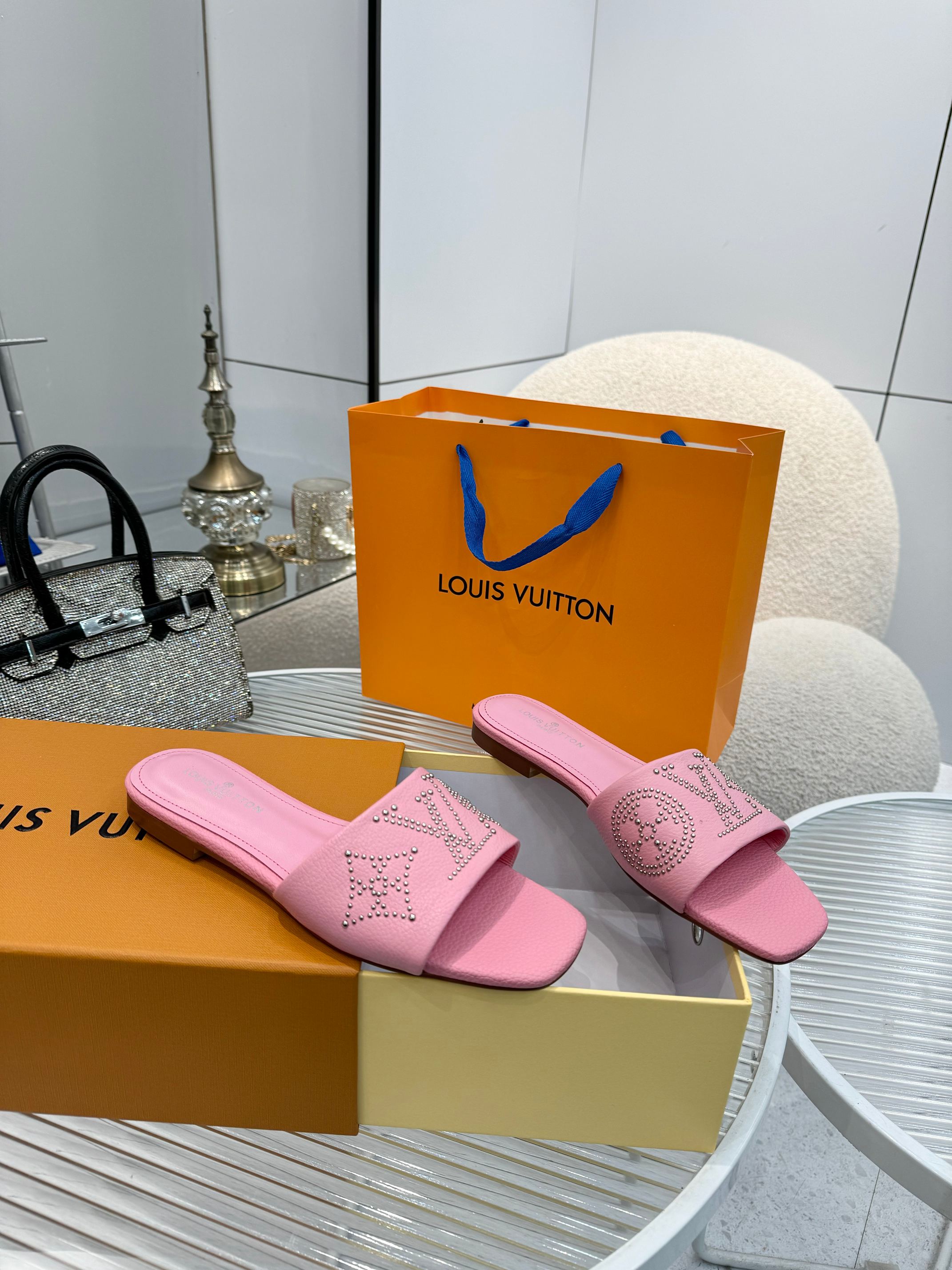 Louis Vuitton Women's Pink Leather Rivoli Sandal with Iconic LV Signature 5 a1742622063292 7530