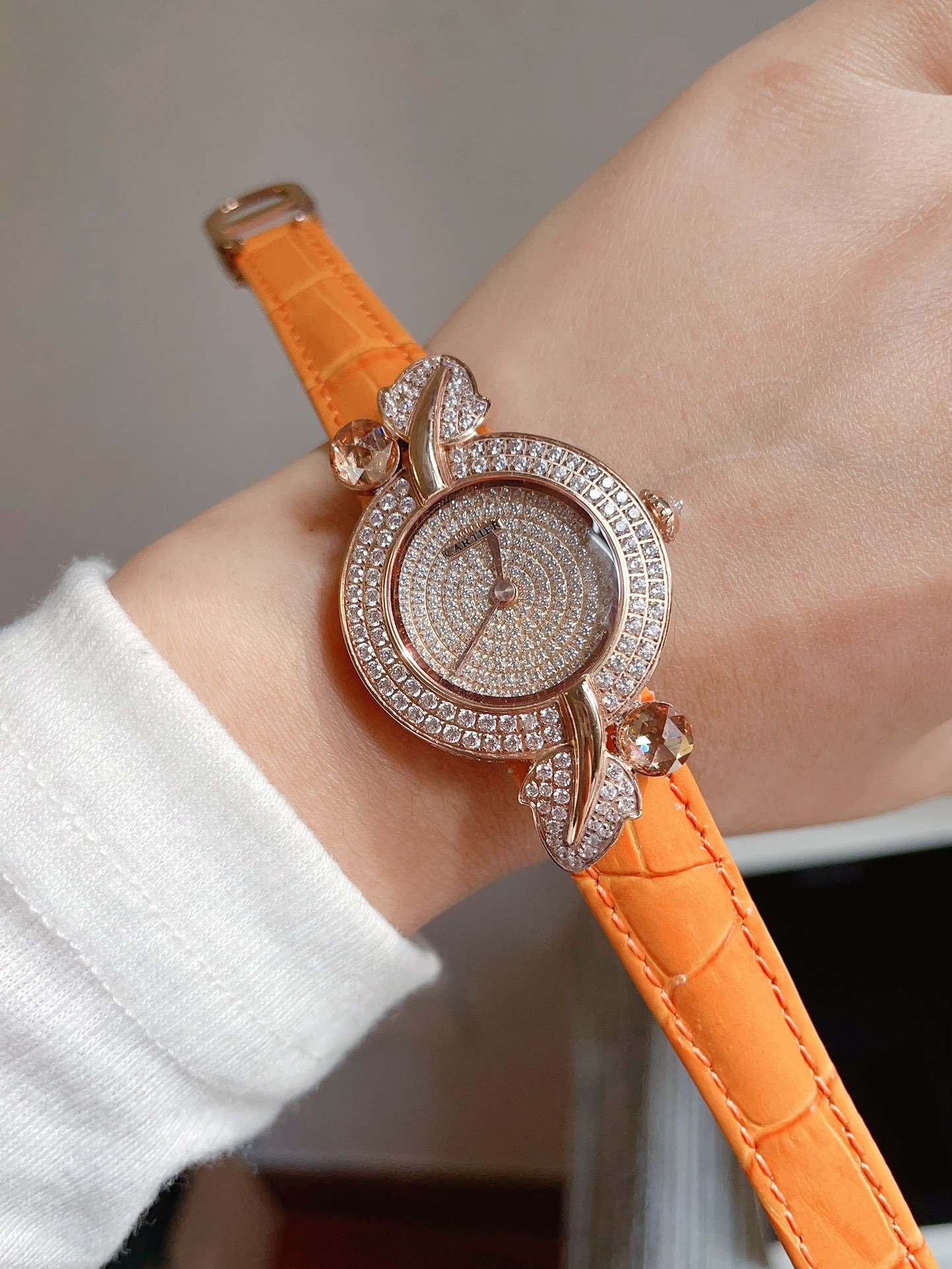 Cartier: Exquisite French Sapphire Crystal Watch with Water Drill and Gold Leaf Grass - 图片 9