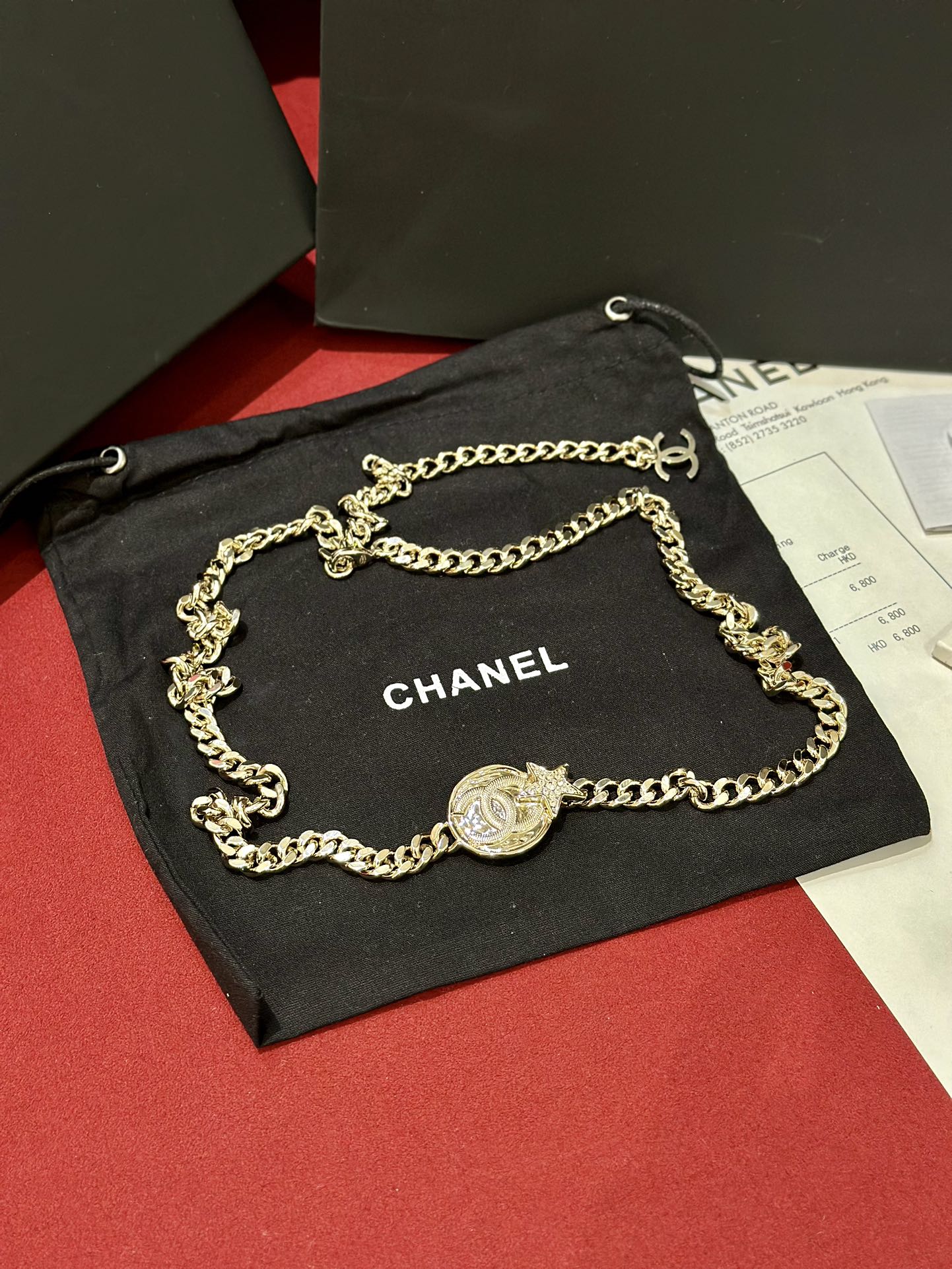 Chanel23c水钻金色金属黄铜材质字母logo腰链重工手工腰链精致均码