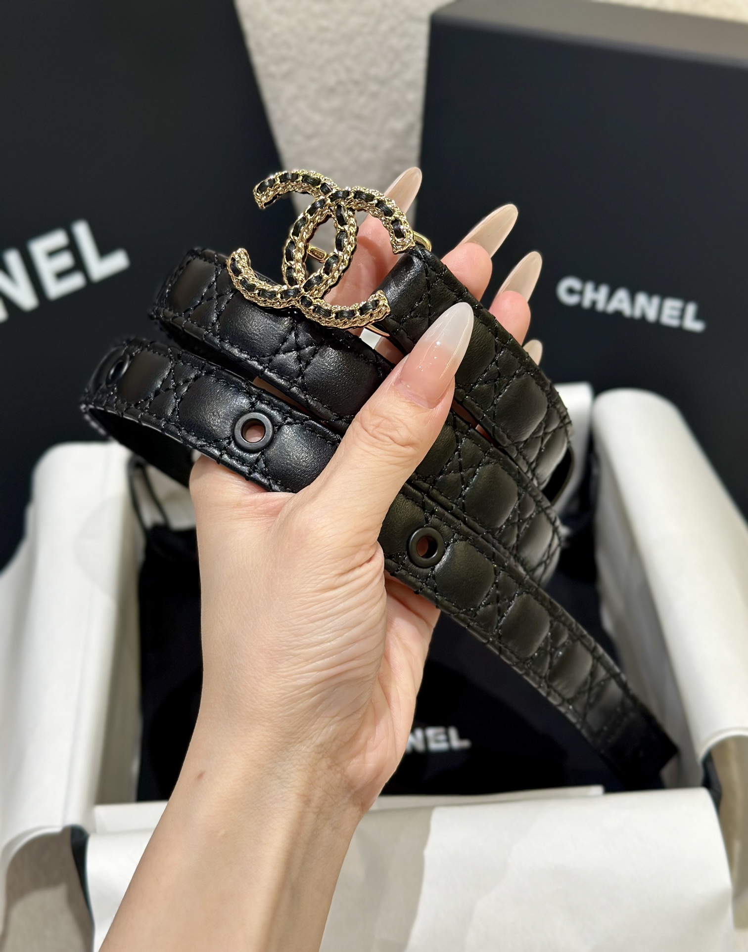 CHANEL香奈儿女士菱格时尚款宽度2.0双面顶级牛皮顶级品质正品开模高端定制皮料五金带身采用松紧收腰设