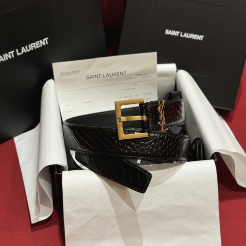 Yves Saint Laurent Crocodile Embossed Leather Belt with Antique Brass Buckle 1 Yves Saint Laurent Crocodile Embossed Leather Belt with Antique Brass Buckle