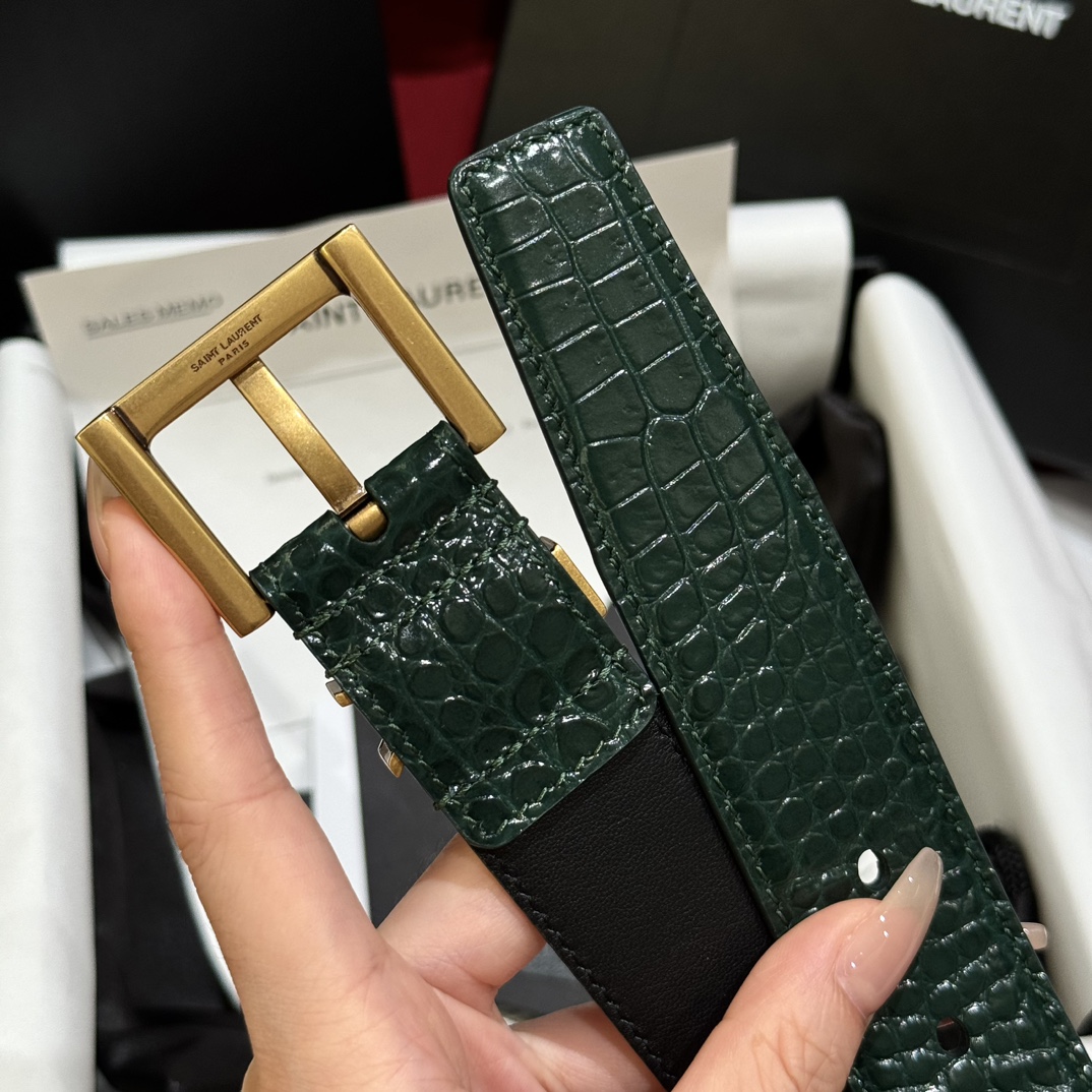 Saint Laurent Crocodile Embossed Leather Belt with Gold Buckle - 3.0cm Width 7 i1728305344 2905 2