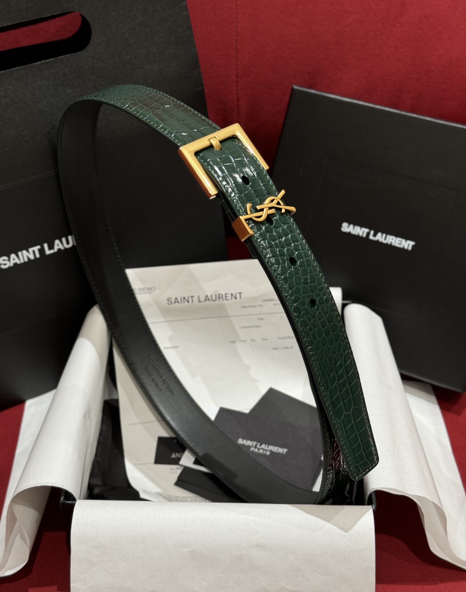Saint Laurent Crocodile Embossed Leather Belt with Gold Buckle - 3.0cm Width 3 i1728305344 5890 3