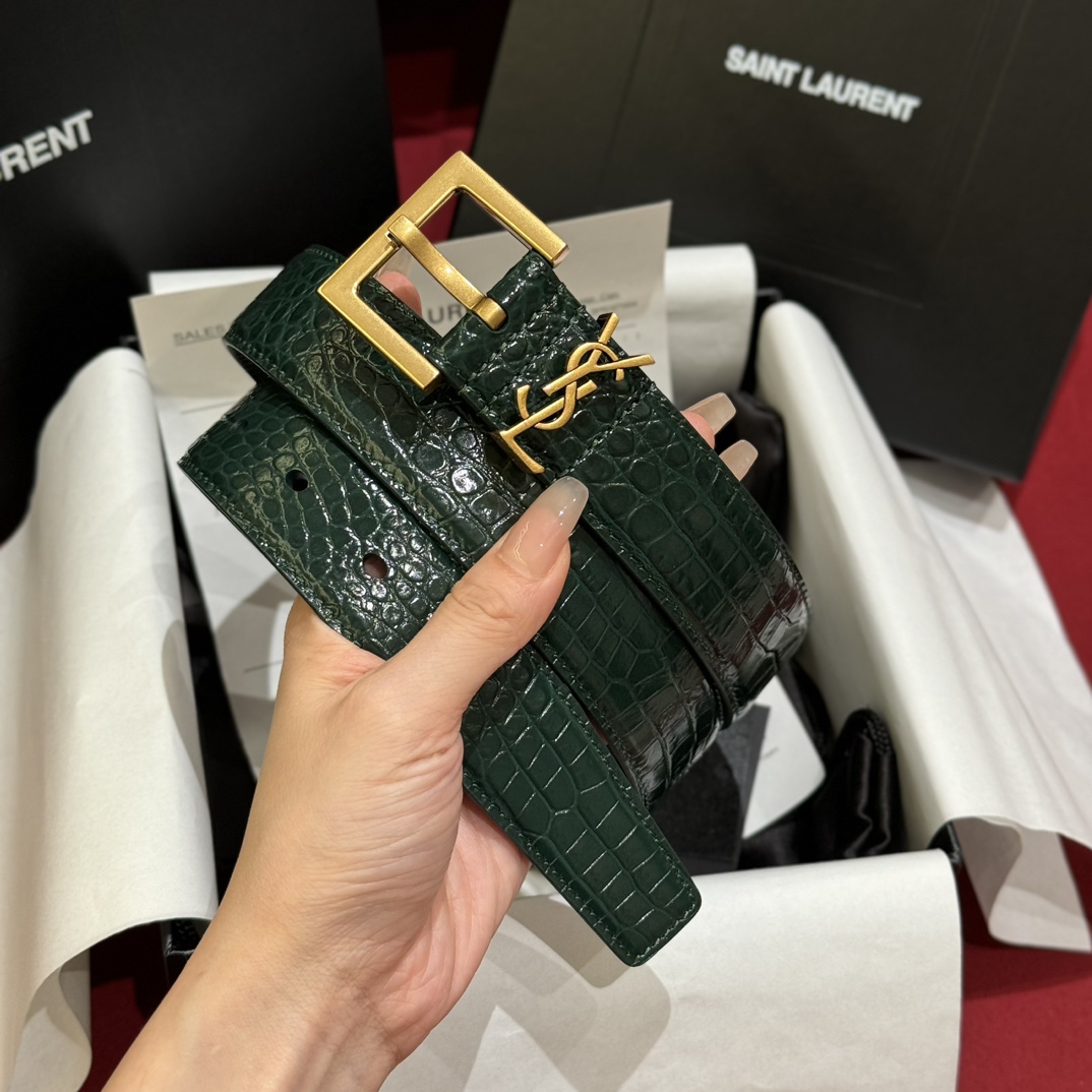 Saint Laurent Crocodile Embossed Leather Belt with Gold Buckle - 3.0cm Width 5 i1728305344 7883 0