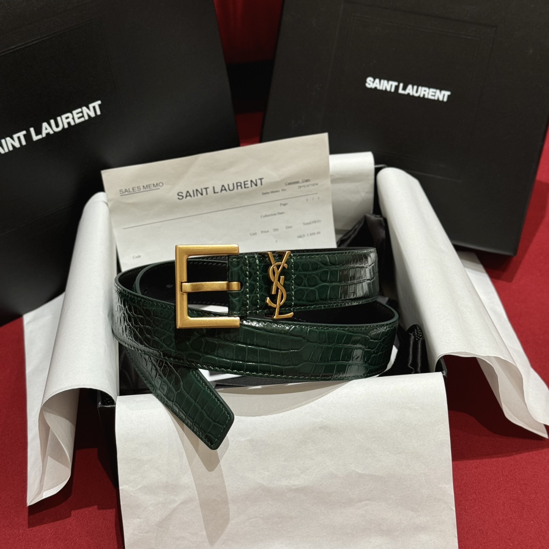 Saint Laurent Crocodile Embossed Leather Belt with Gold Buckle - 3.0cm Width 2 i1728305344 8752 4
