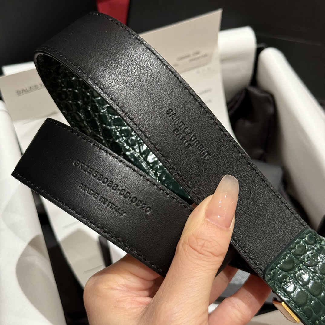 Saint Laurent Crocodile Embossed Leather Belt with Gold Buckle - 3.0cm Width 9 i1728305345 1887 7
