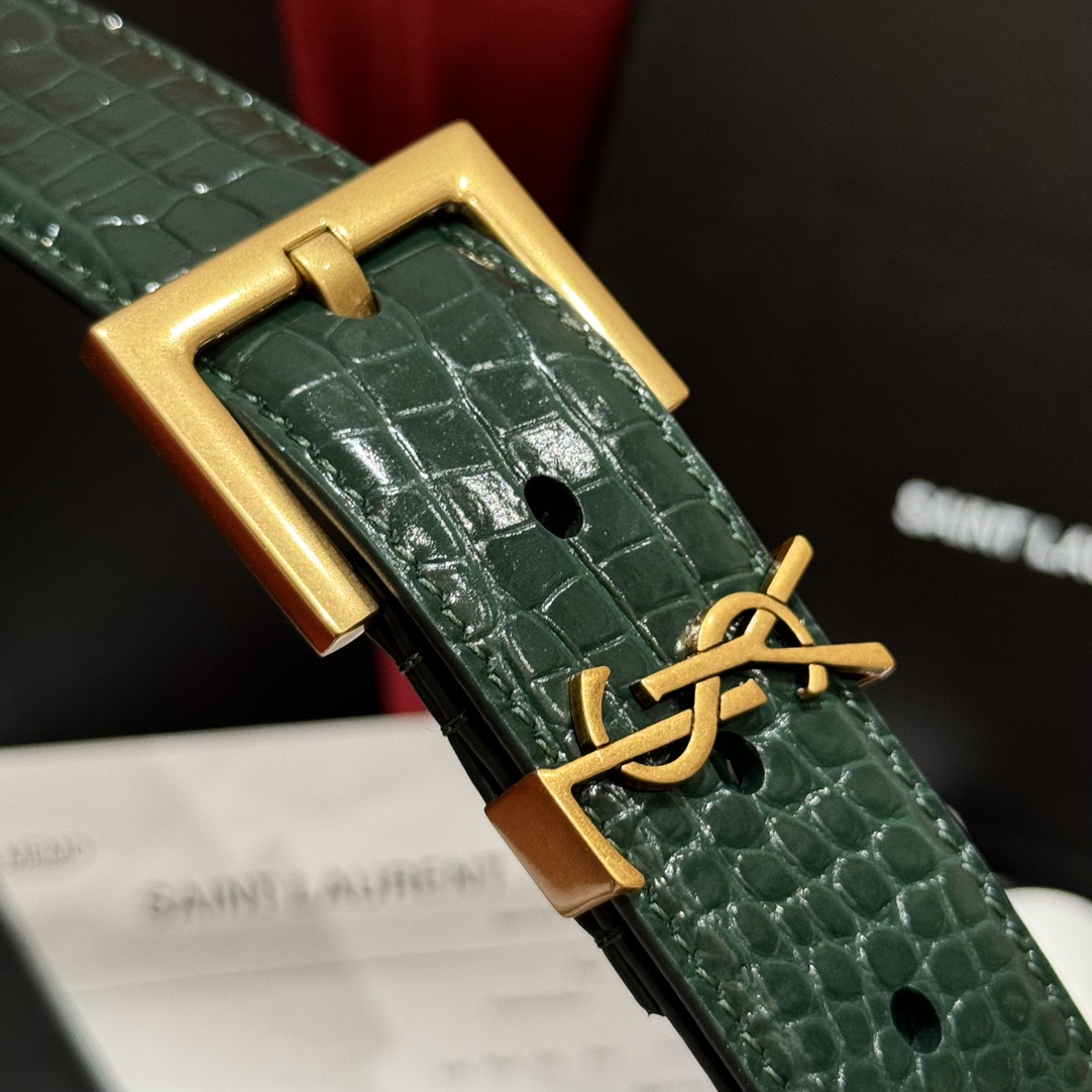 Saint Laurent Crocodile Embossed Leather Belt with Gold Buckle - 3.0cm Width 4 i1728305345 2660 6