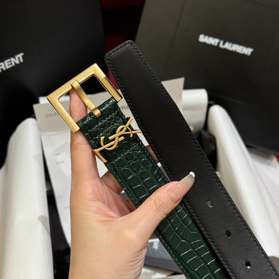 Saint Laurent Crocodile Embossed Leather Belt with Gold Buckle - 3.0cm Width 6 i1728305345 6674 5
