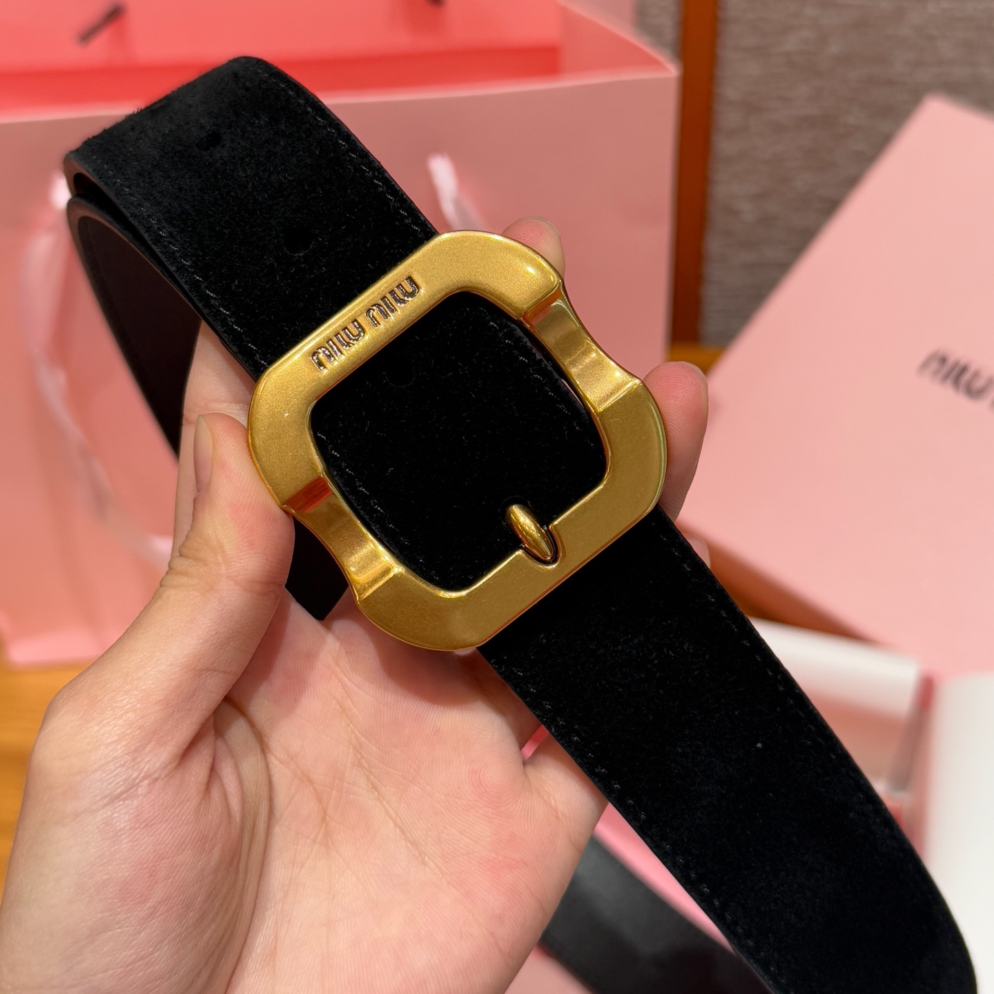 Miu Miu Women's Black Suede Belt with Antique Gold-Tone Buckle, 3.5cm Width 5 i1745051087199 365 0 3