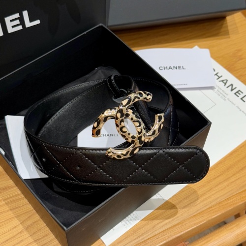 Chanel Women's Black Leather Belt with Leopard Print Double C Buckle, 4.0cm 1 Chanel Women's Black Leather Belt with Leopard Print Double C Buckle, 4.0cm