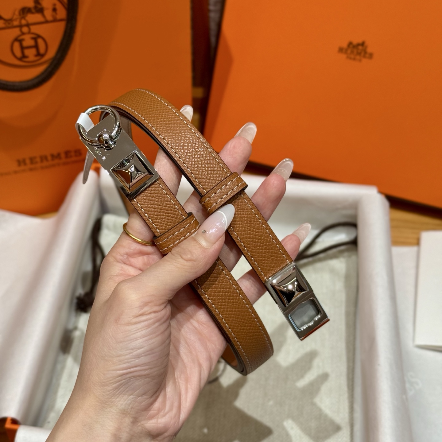 H家新款女款調節腰帶 Epsom小牛皮製・自由調整可能