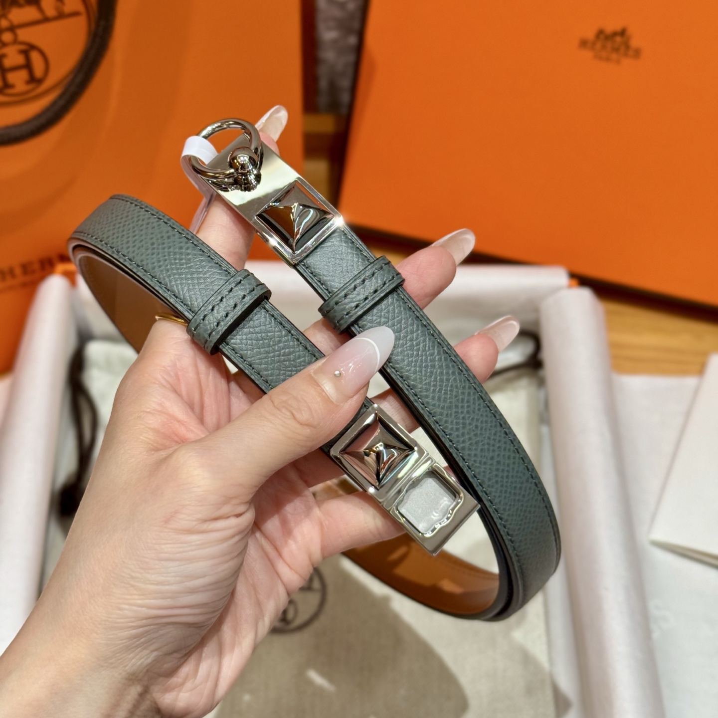 H家新款女款調節腰帶 - Epsom小牛皮製・幅1.8cm・自由調節可能