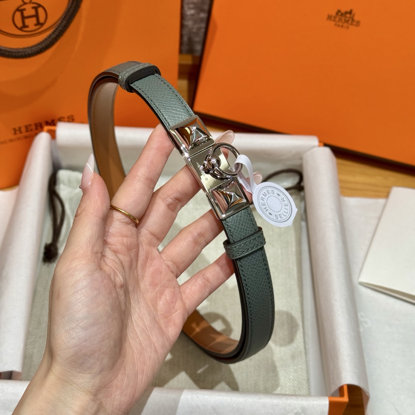 H家新款女款調節腰帶 - Epsom小牛皮製・幅1.8cm・自由調節可能