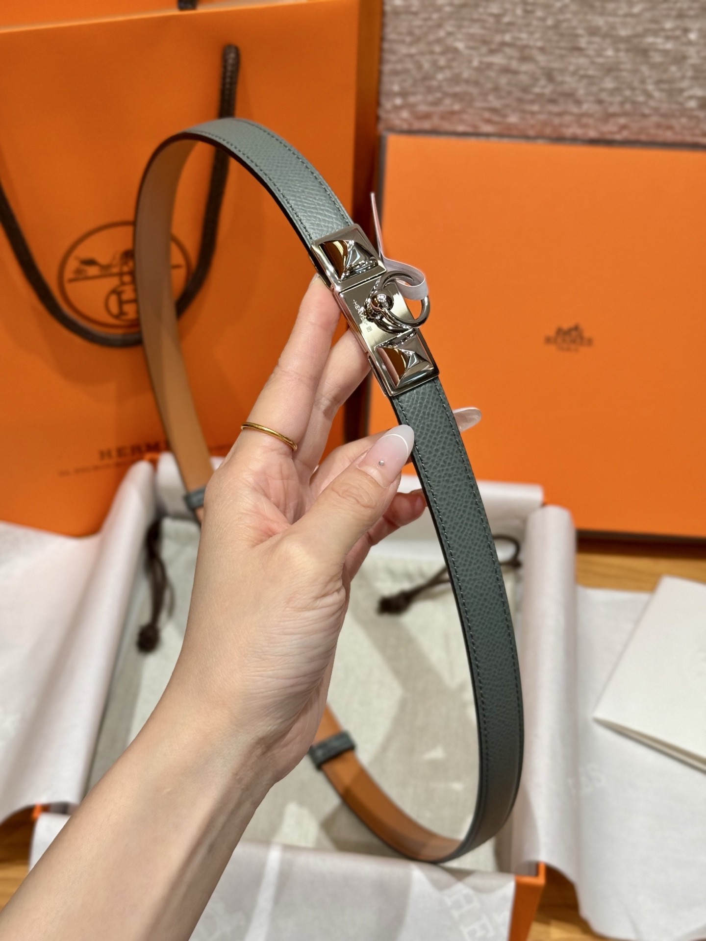 H家新款女款調節腰帶 - Epsom小牛皮製・幅1.8cm・自由調節可能