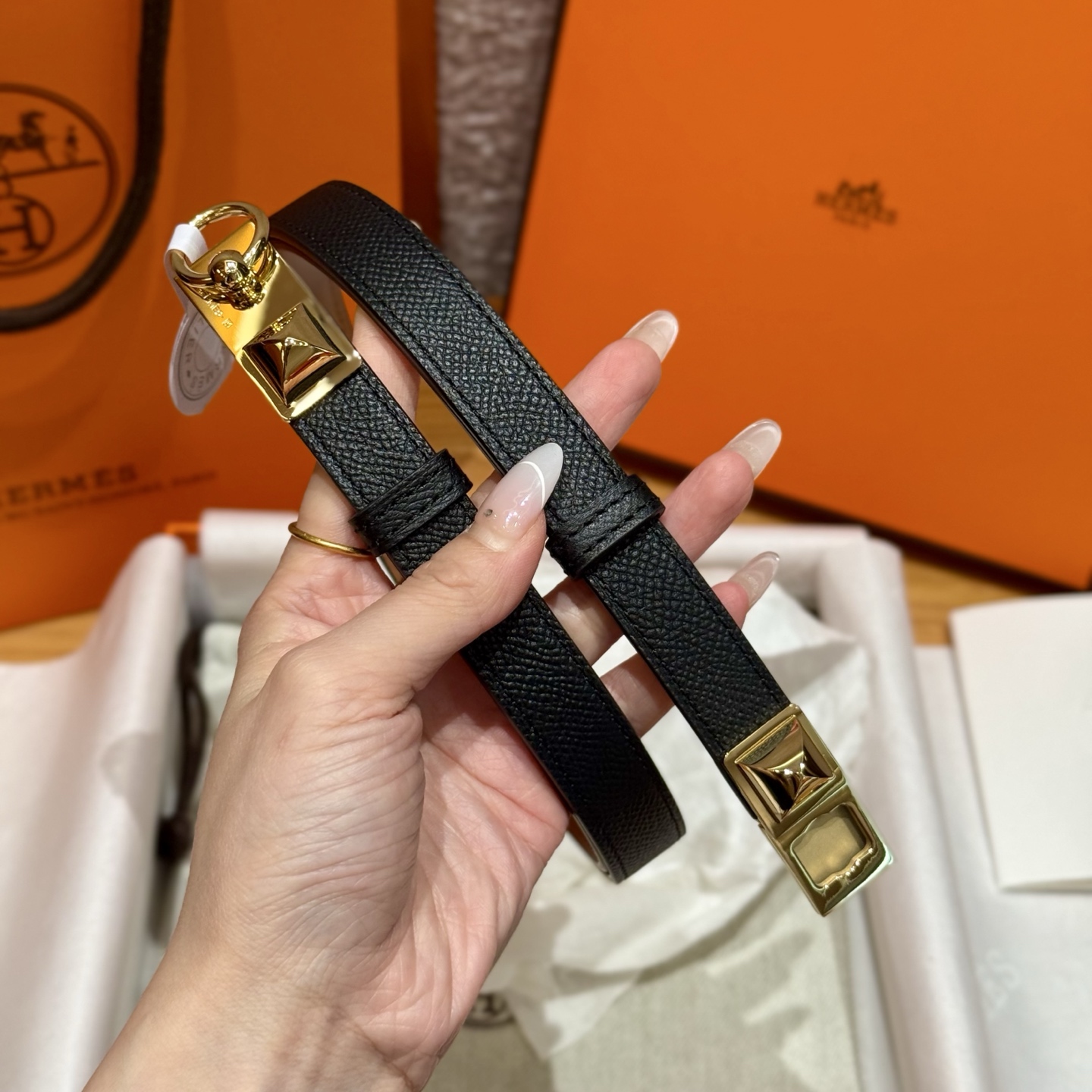 H家新款女款調節腰帯 Epsom小牛皮製・自由調整可能