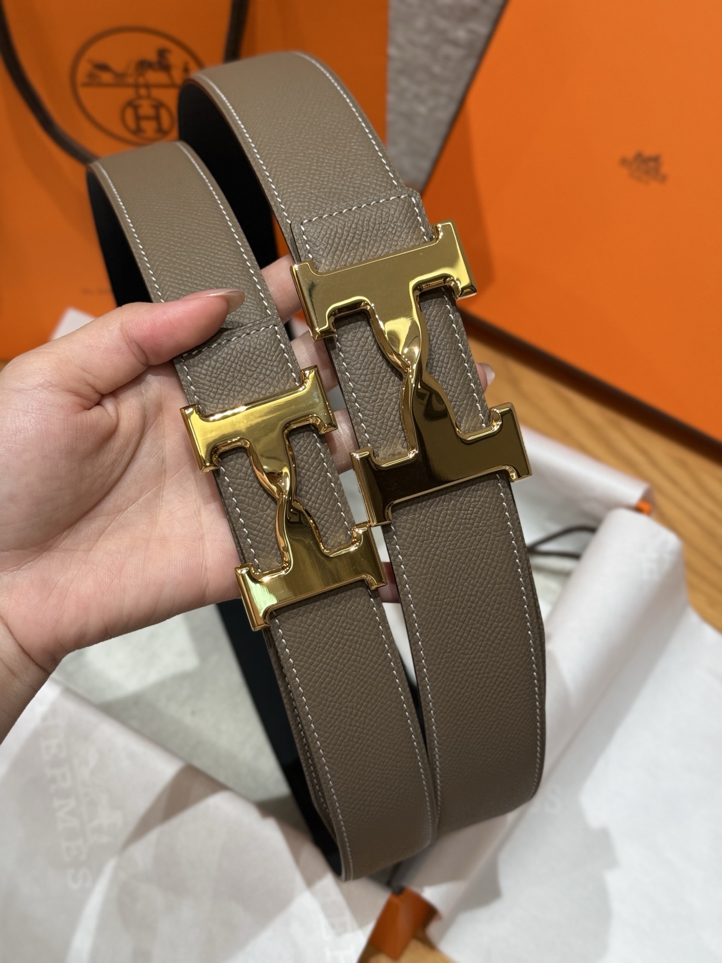 H家 男款腰带 大象灰 双面使用の3D効果