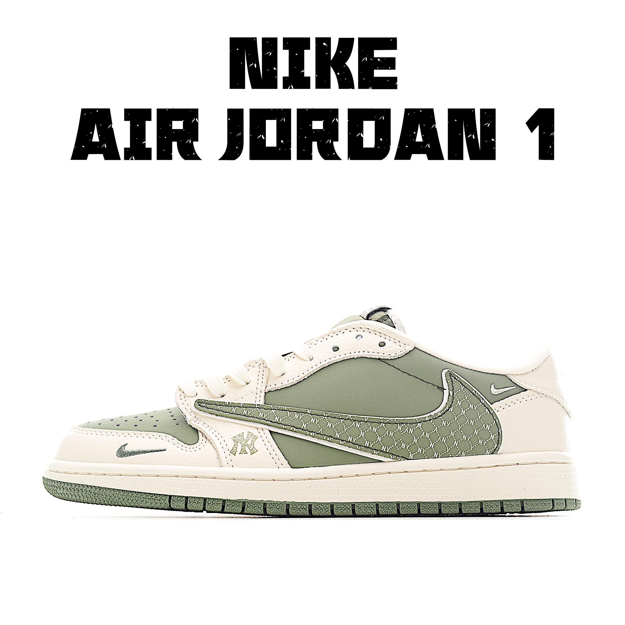 Travis Scott x Fragment Design x Air Jordan 1 Low SP AJ1 乔1 MLB联名 米绿网纹勾 低帮文化休闲板鞋 XS2024-017