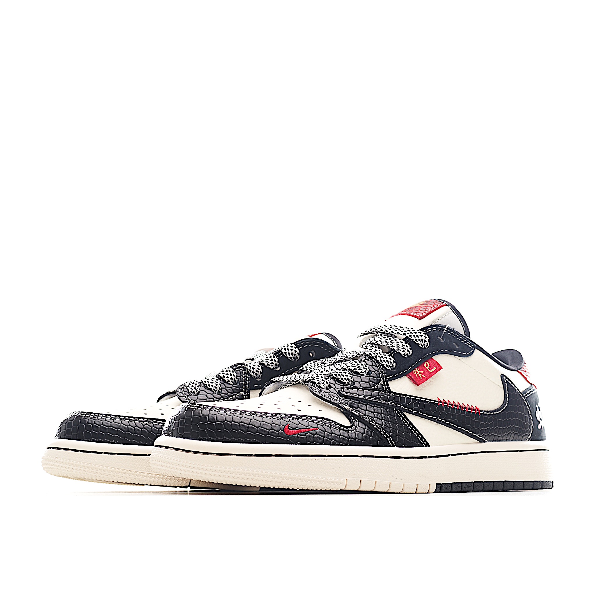Travis Scott x Fragment Design x Air Jordan 1 Low SP AJ1 乔1 蛇年限定 双拼黑蛇纹 低帮文化休闲板鞋 YX5066-306