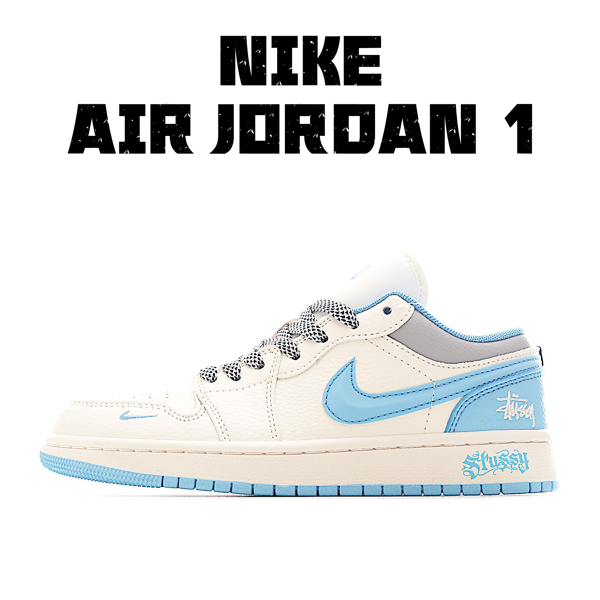 Air Jordan 1 Low AJ1 乔1 斯图西联名 白蓝立体勾 高端定制 低帮复古篮球鞋 XS6086-559