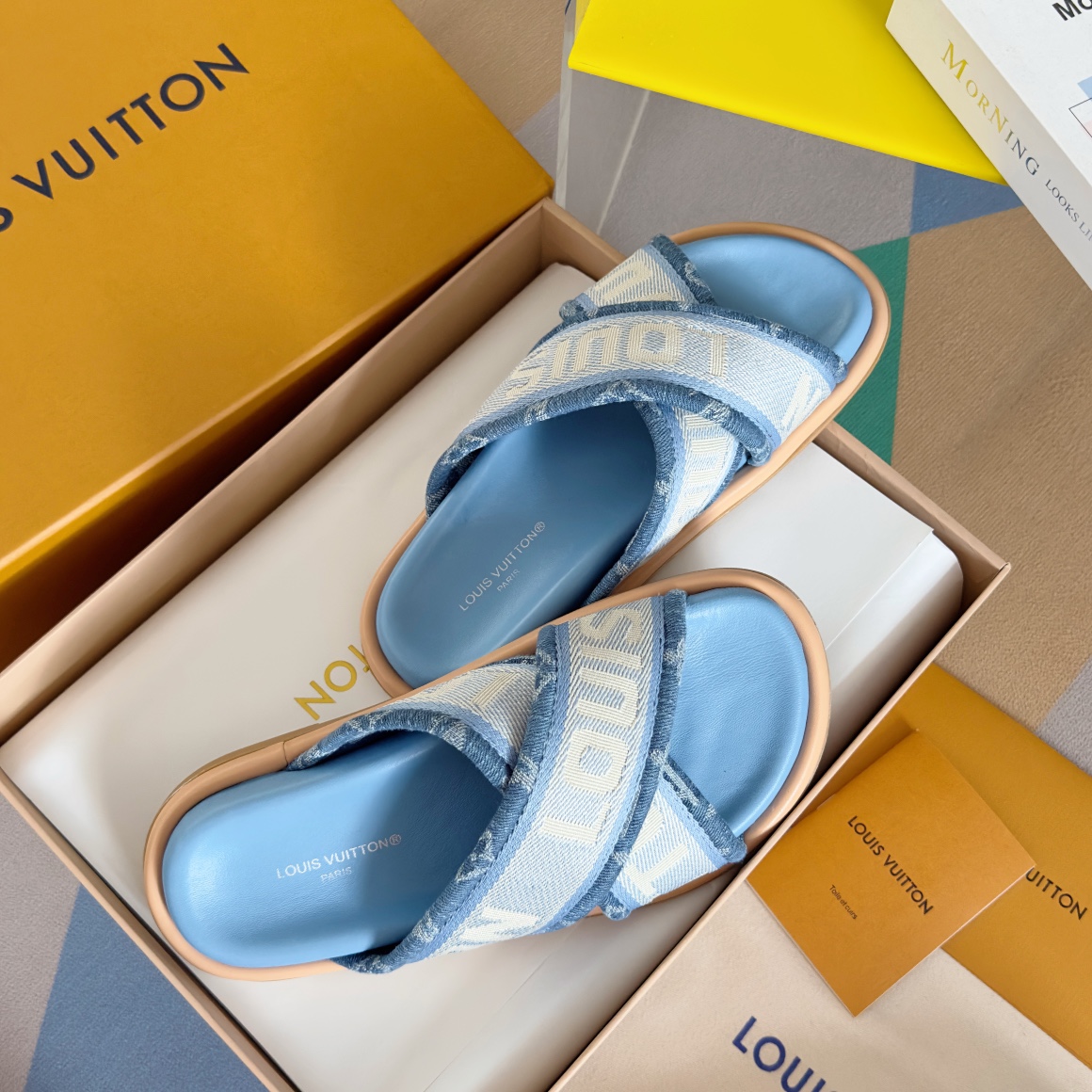 Louis Vuitton LV路易威登L家 驴牌 BLISS COMFORT系列 交叉 一字 厚底 刺绣 凉拖鞋