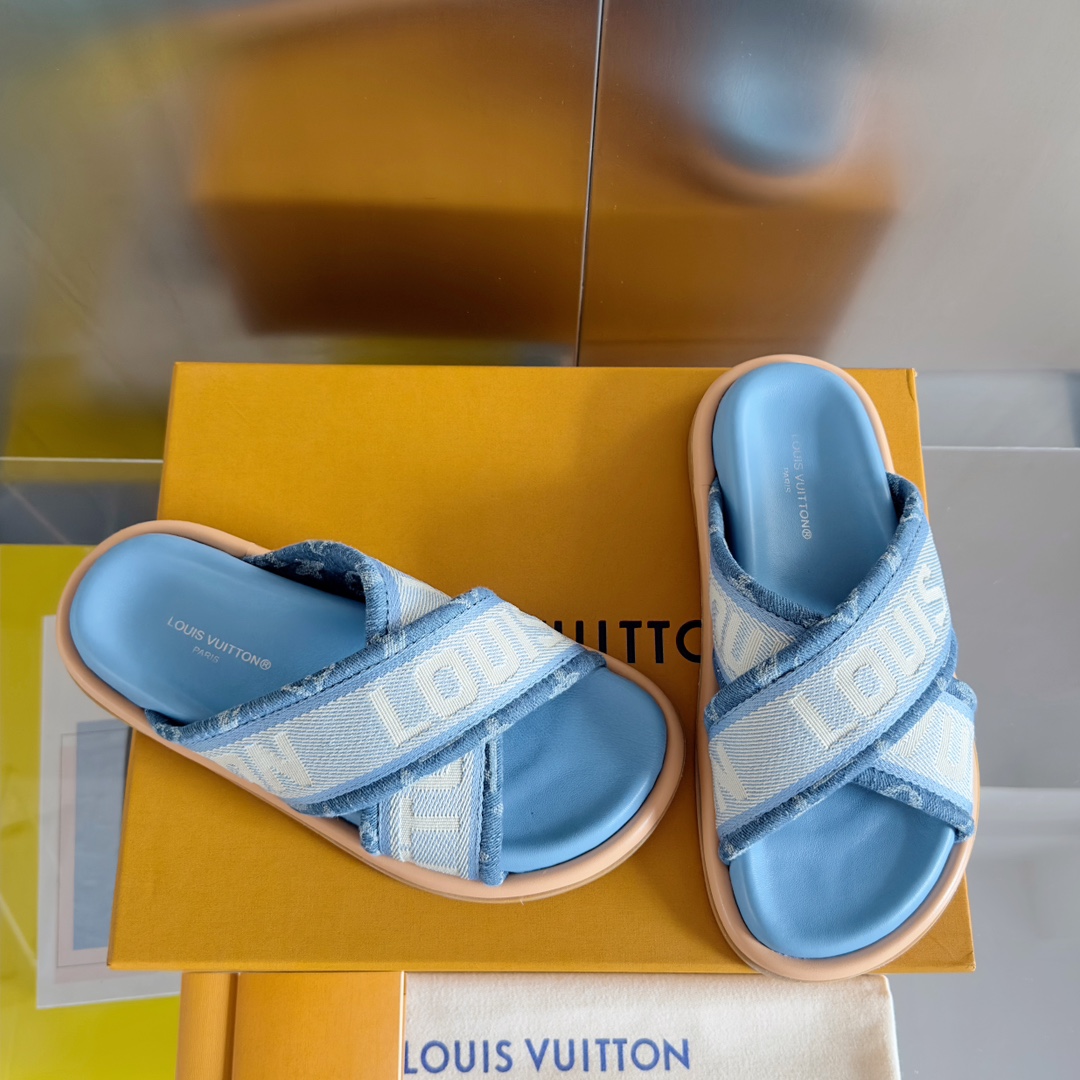 Louis Vuitton LV路易威登L家 驴牌 BLISS COMFORT系列 交叉 一字 厚底 刺绣 凉拖鞋