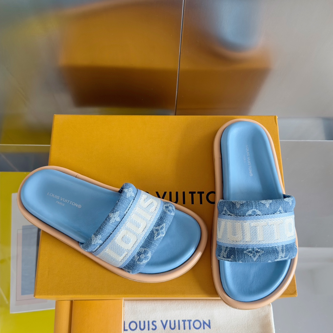 Louis Vuitton LV路易威登L家 驴牌 BLISS COMFORT系列 交叉 一字 厚底 刺绣 凉拖鞋