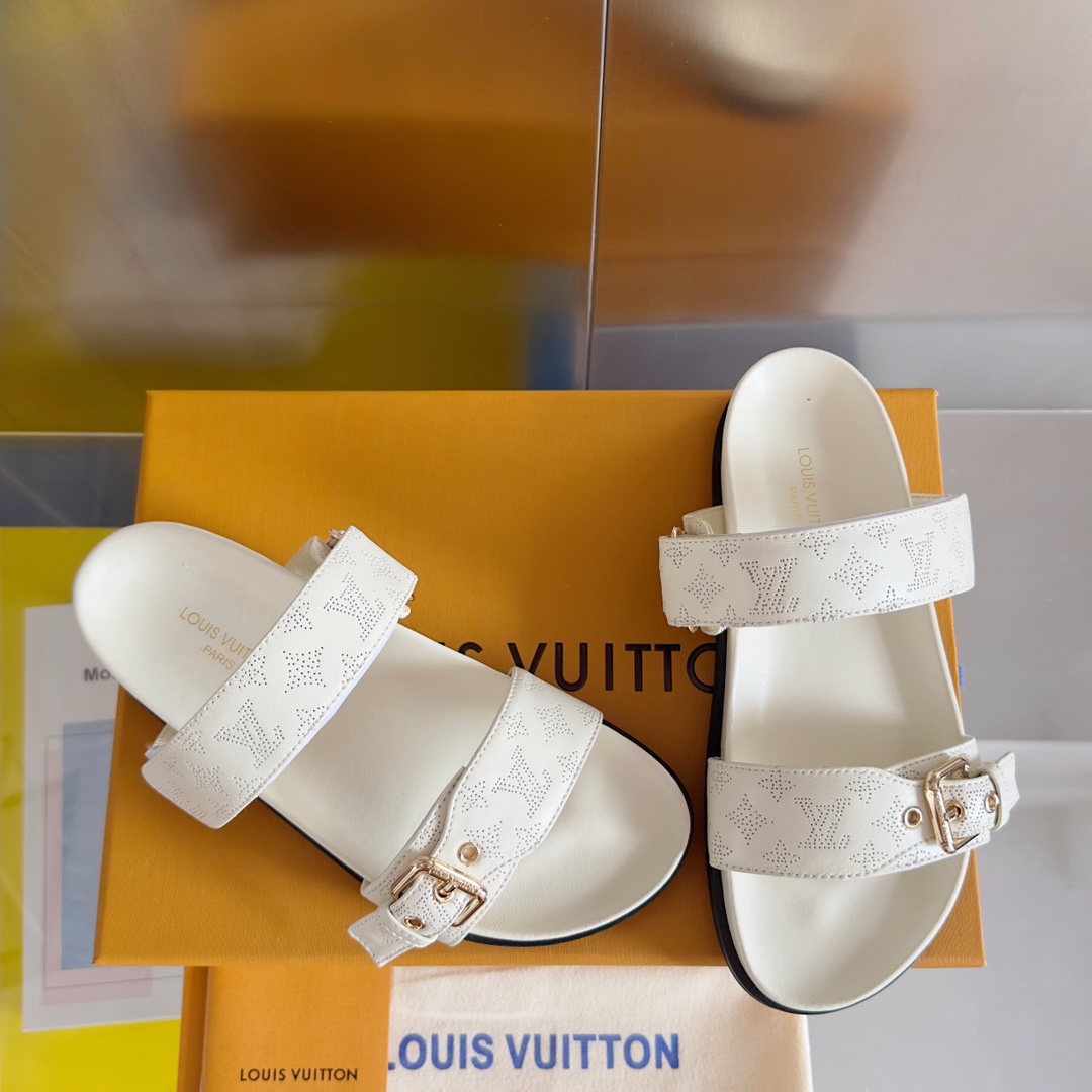 Louis Vuitton LV路易威登L家驴牌BOM DIA COMFORT系列 魔术贴 牛仔布 老花 凉鞋 平底凉拖鞋