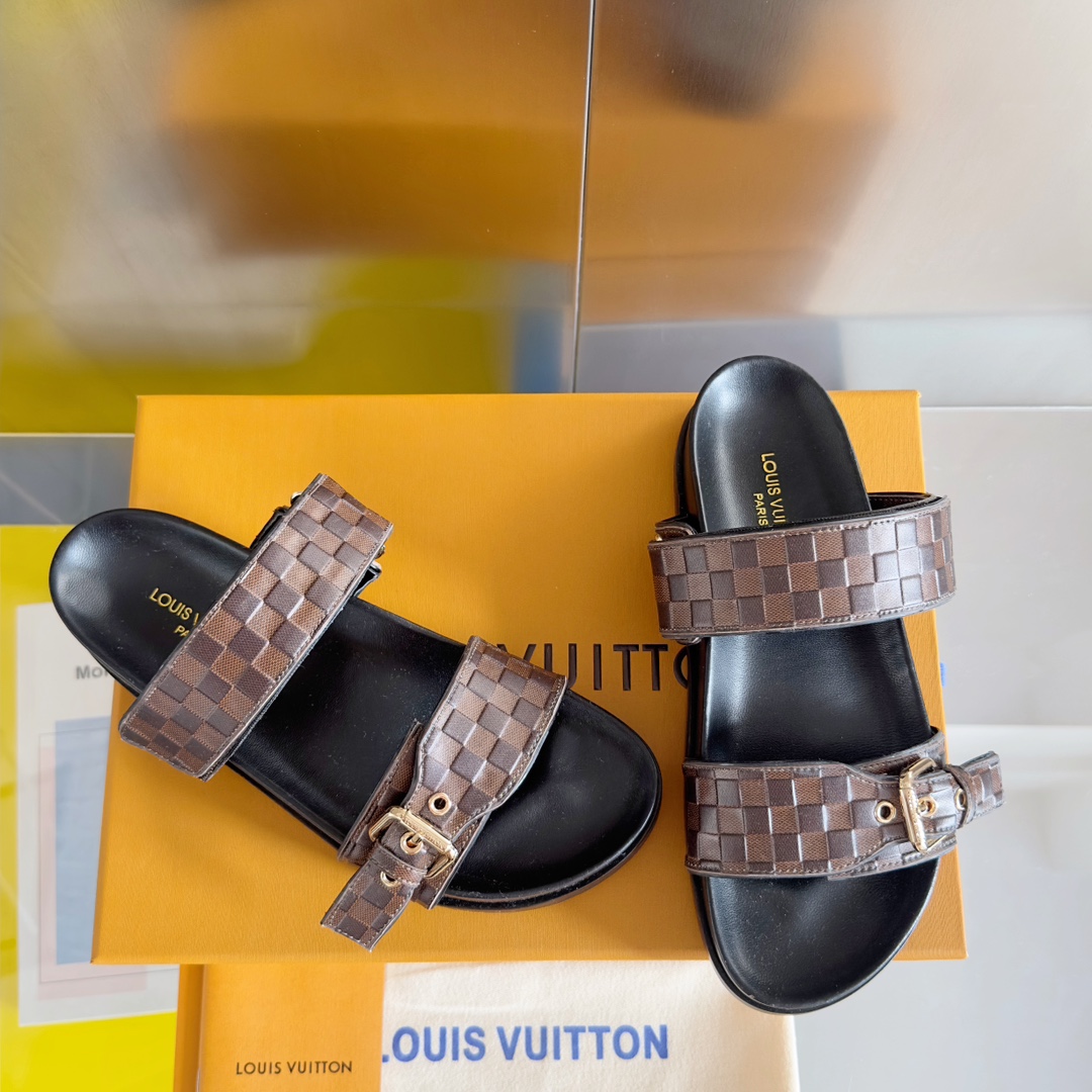 Louis Vuitton LV路易威登L家驴牌BOM DIA COMFORT系列 魔术贴 牛仔布 老花 凉鞋 平底凉拖鞋