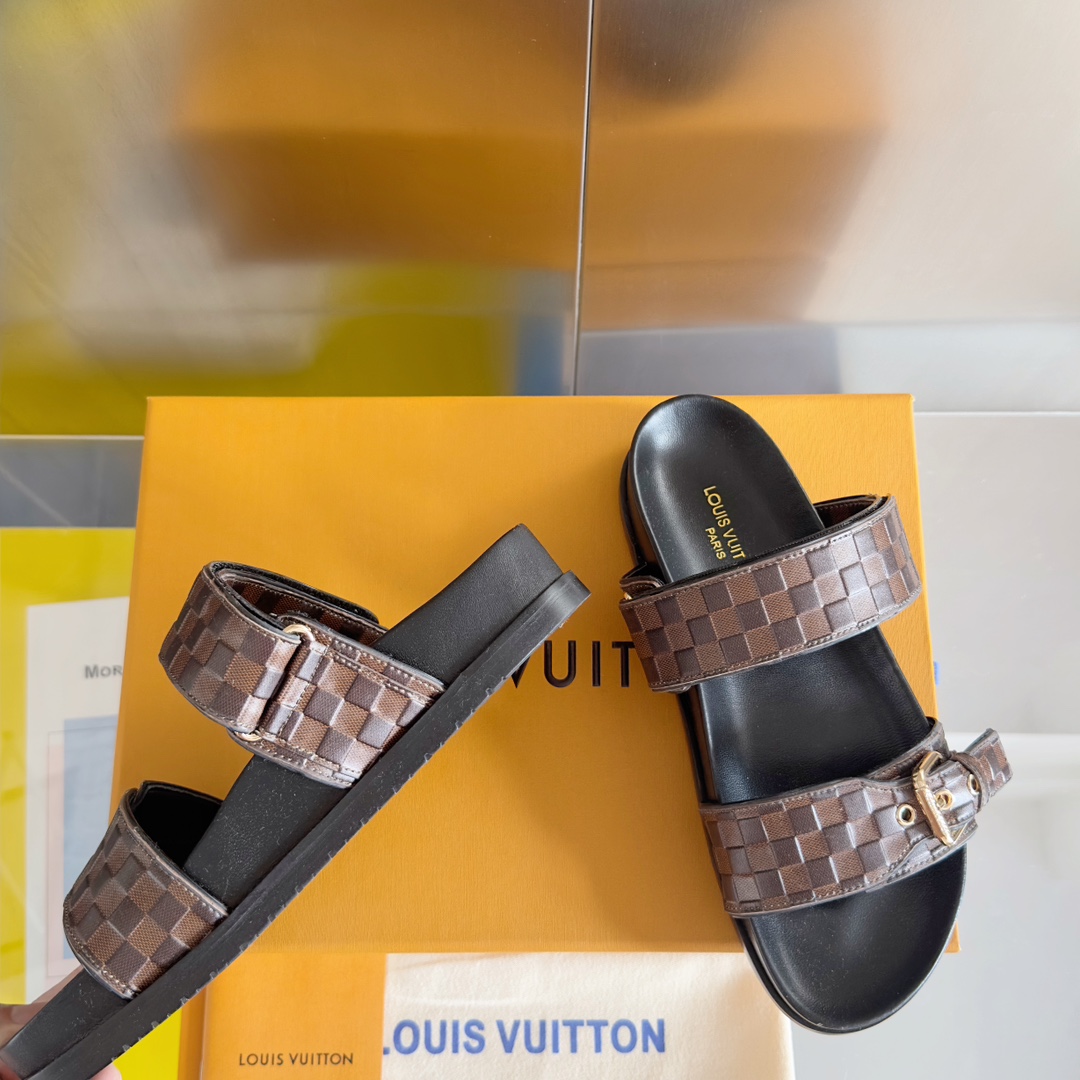 Louis Vuitton LV路易威登L家驴牌BOM DIA COMFORT系列 魔术贴 牛仔布 老花 凉鞋 平底凉拖鞋