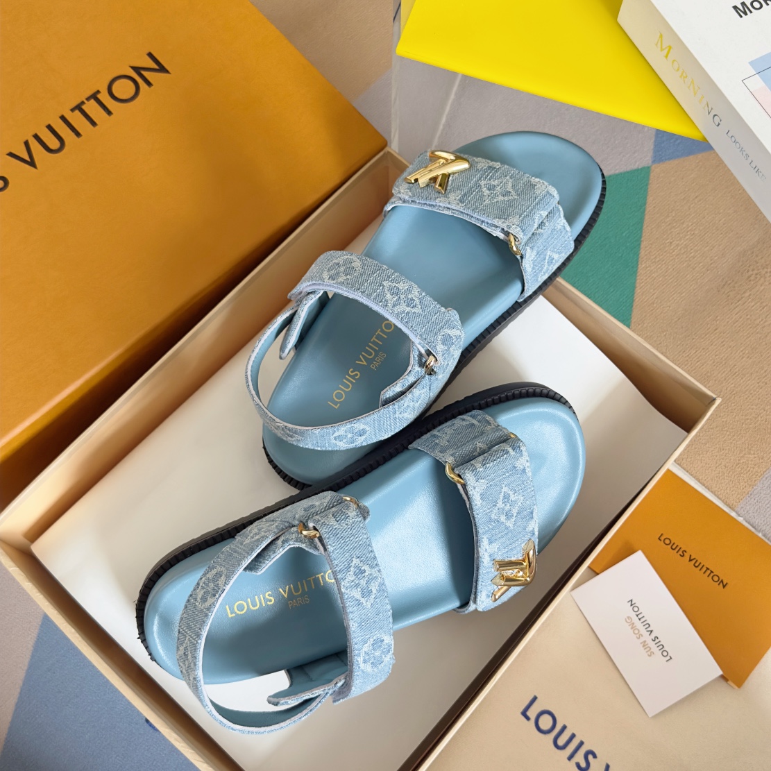 Louis Vuitton LV路易威登L家驴牌BOM DIA COMFORT系列 魔术贴 牛仔布 老花 凉鞋 平底凉拖鞋