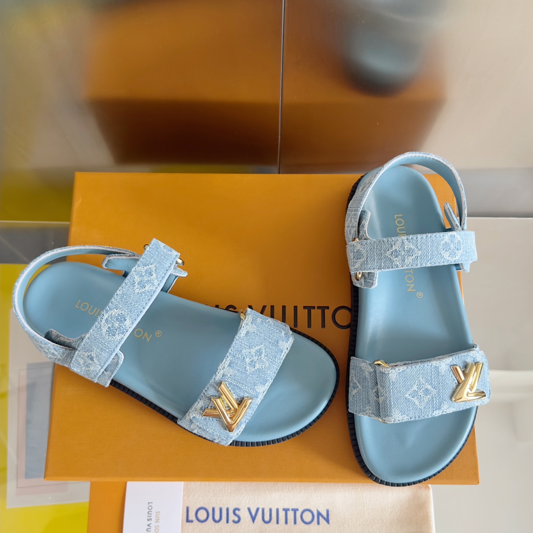 Louis Vuitton LV路易威登L家驴牌BOM DIA COMFORT系列 魔术贴 牛仔布 老花 凉鞋 平底凉拖鞋