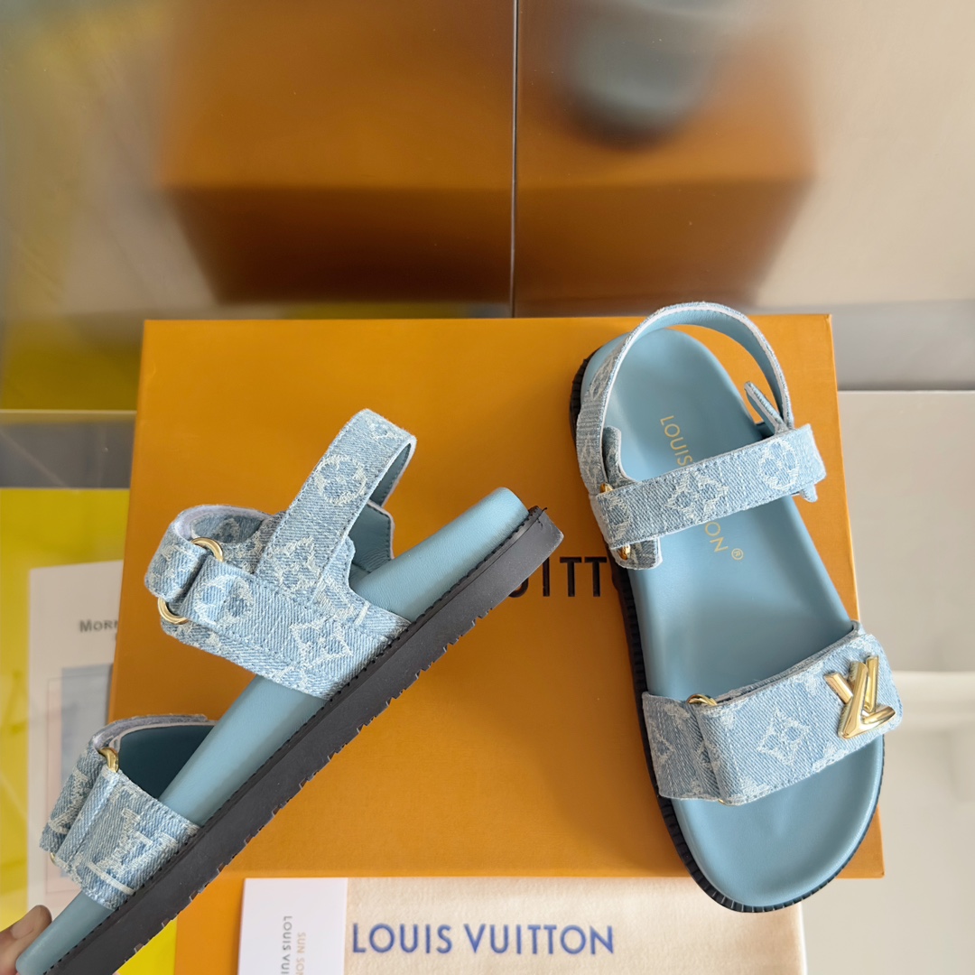 Louis Vuitton LV路易威登L家驴牌BOM DIA COMFORT系列 魔术贴 牛仔布 老花 凉鞋 平底凉拖鞋