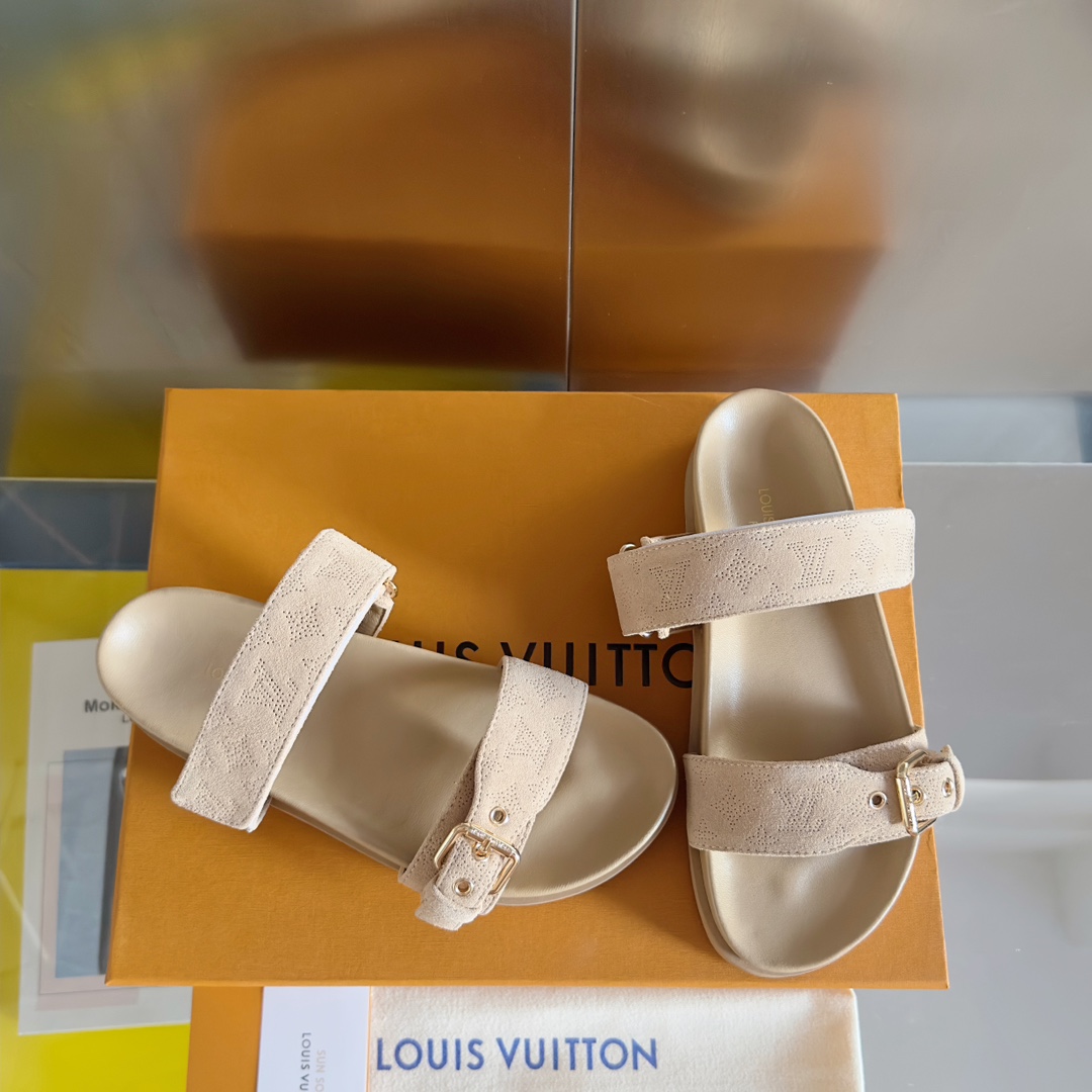 Louis Vuitton LV路易威登L家驴牌BOM DIA COMFORT系列 魔术贴 牛仔布 老花 凉鞋 平底凉拖鞋