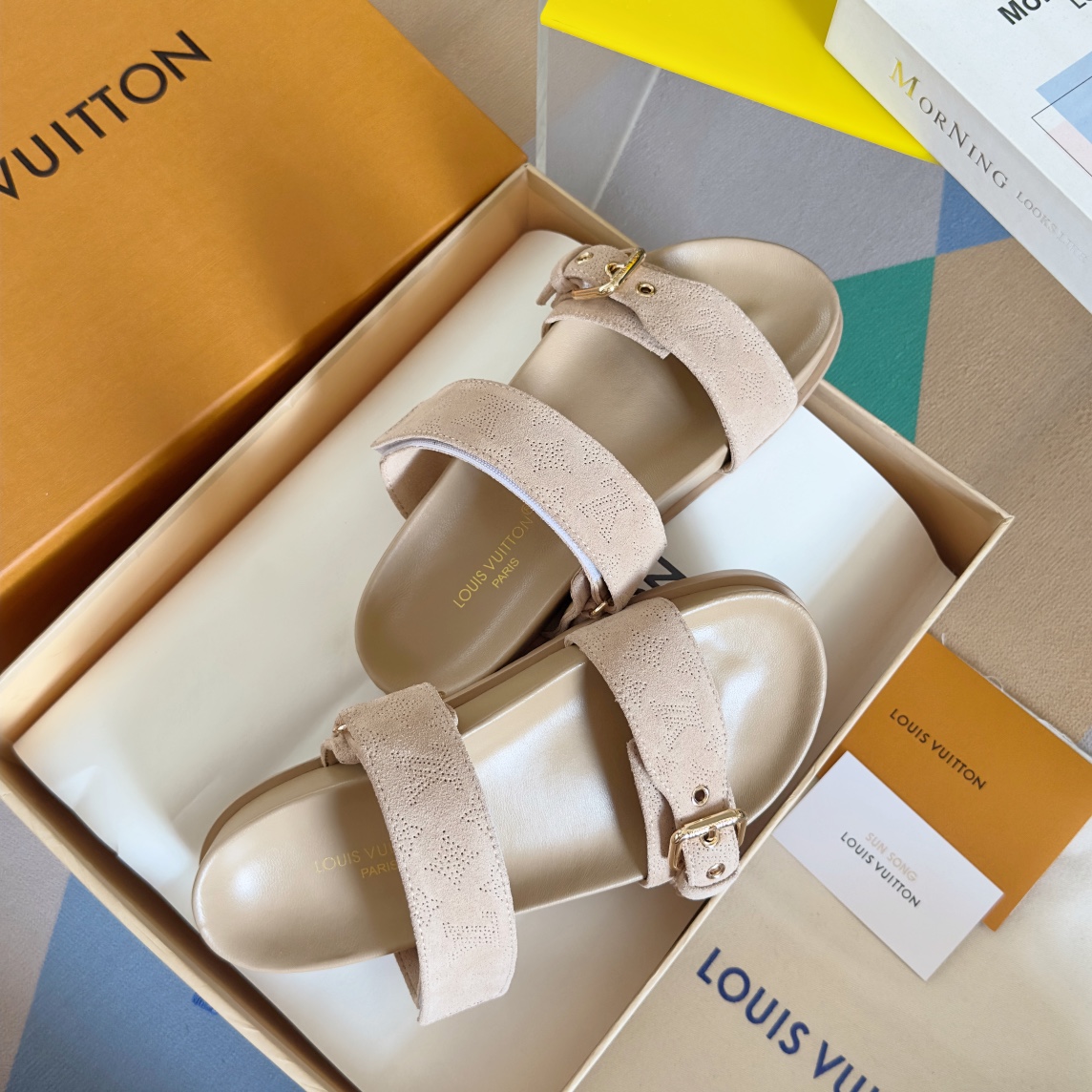 Louis Vuitton LV路易威登L家驴牌BOM DIA COMFORT系列 魔术贴 牛仔布 老花 凉鞋 平底凉拖鞋