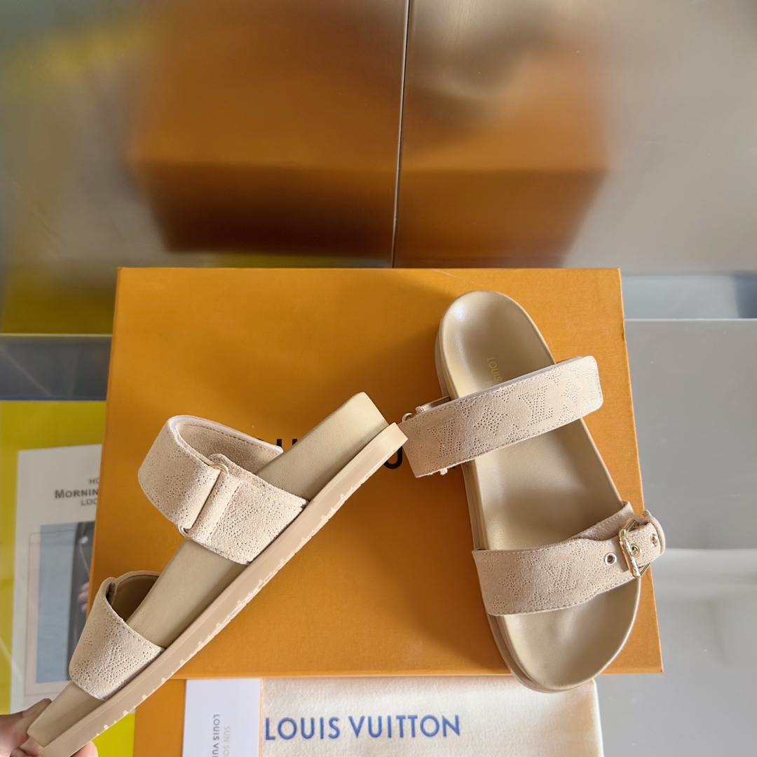 Louis Vuitton LV路易威登L家驴牌BOM DIA COMFORT系列 魔术贴 牛仔布 老花 凉鞋 平底凉拖鞋