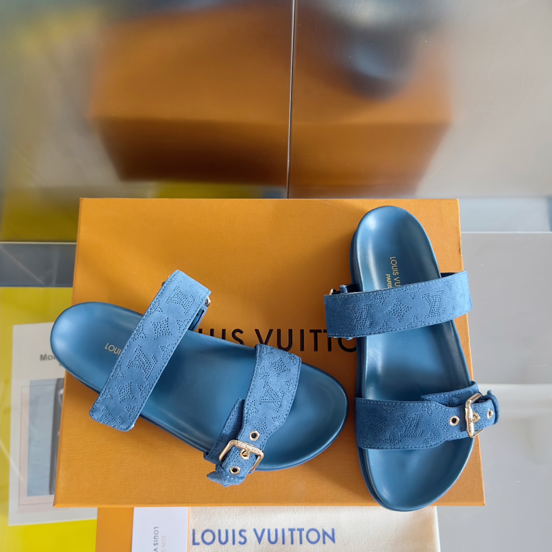 Louis Vuitton LV路易威登L家驴牌BOM DIA COMFORT系列 魔术贴 牛仔布 老花 凉鞋 平底凉拖鞋
