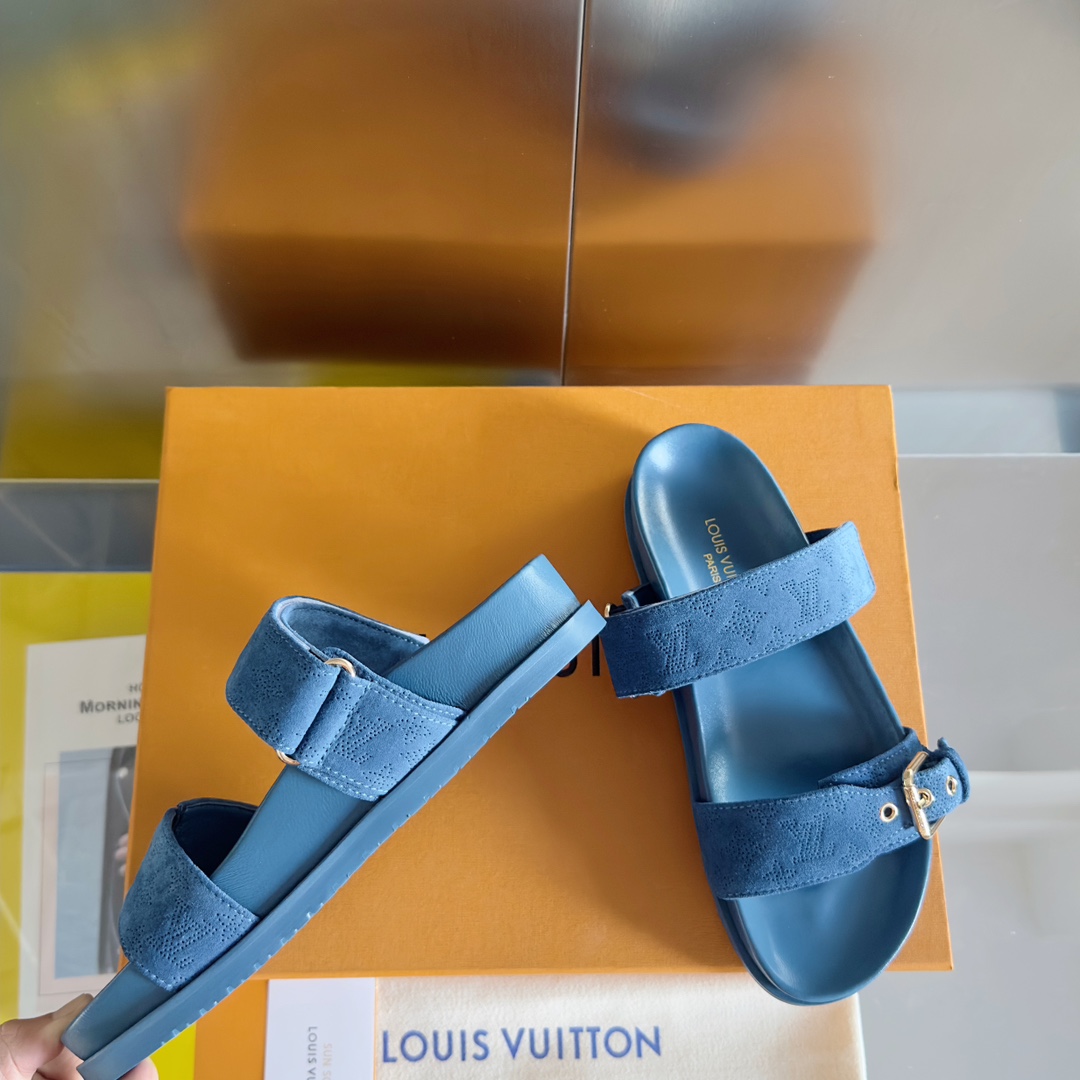 Louis Vuitton LV路易威登L家驴牌BOM DIA COMFORT系列 魔术贴 牛仔布 老花 凉鞋 平底凉拖鞋
