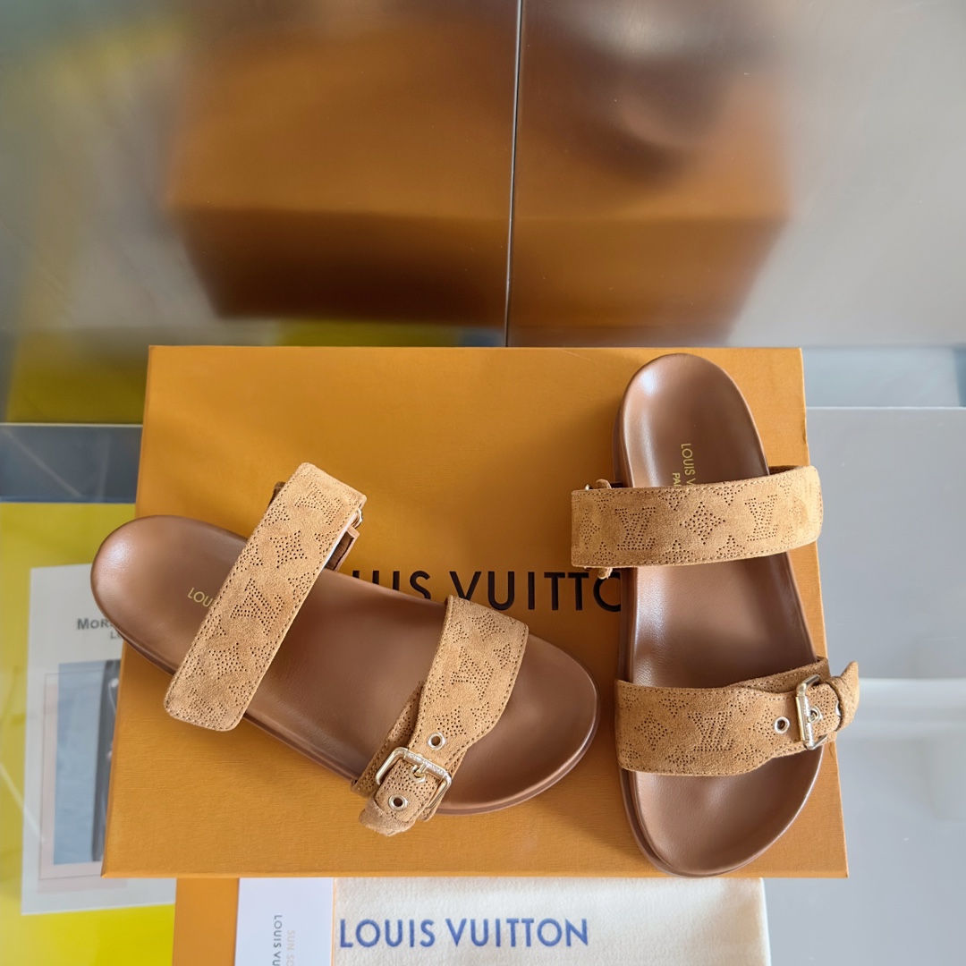 Louis Vuitton LV路易威登L家驴牌BOM DIA COMFORT系列 魔术贴 牛仔布 老花 凉鞋 平底凉拖鞋